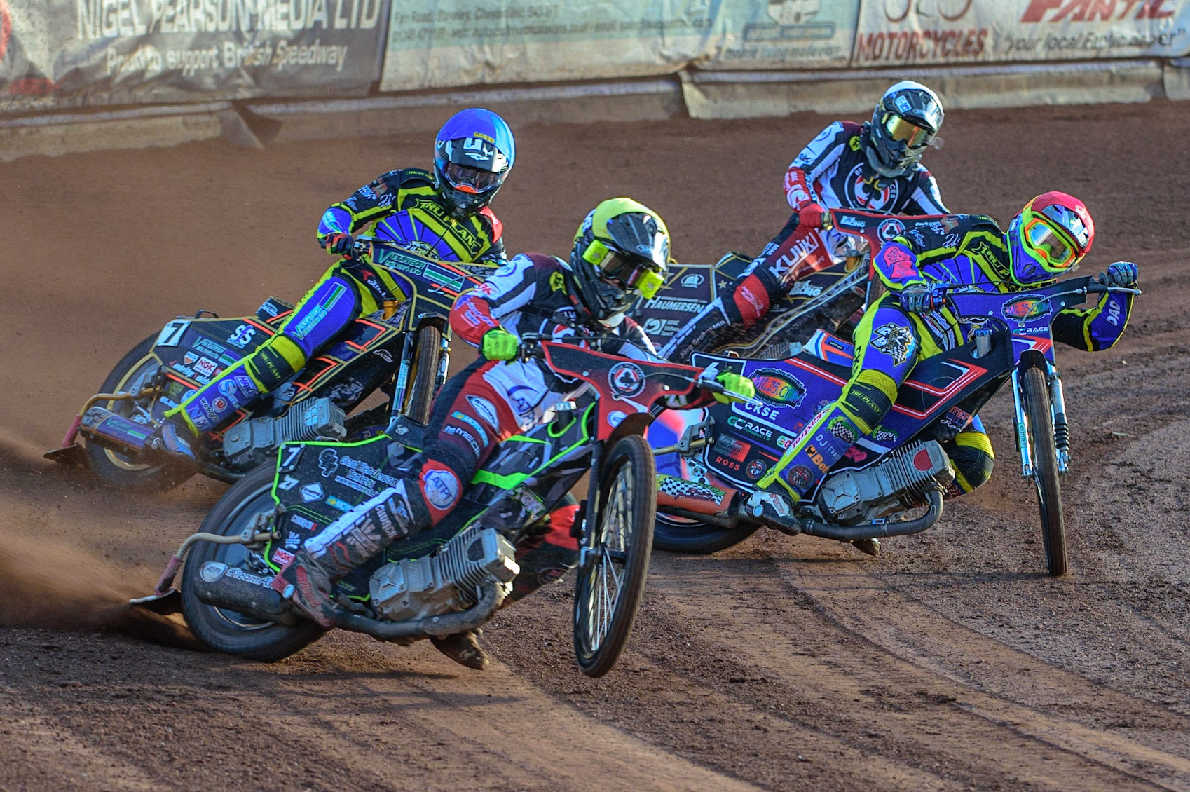 SHEFFIELD, UK. MAY 26TH  Tom Brennan  (Yellow) leads Stefan Nielsen  (Red) Connor Mountain (Blue) and Norick Blödorn  (White) during the SGB Premiership match between Sheffield Tigers and Belle Vue Aces at Owlerton Stadium, Sheffield on Thursday 26th May 2022. (Credit: Ian Charles | MI News)