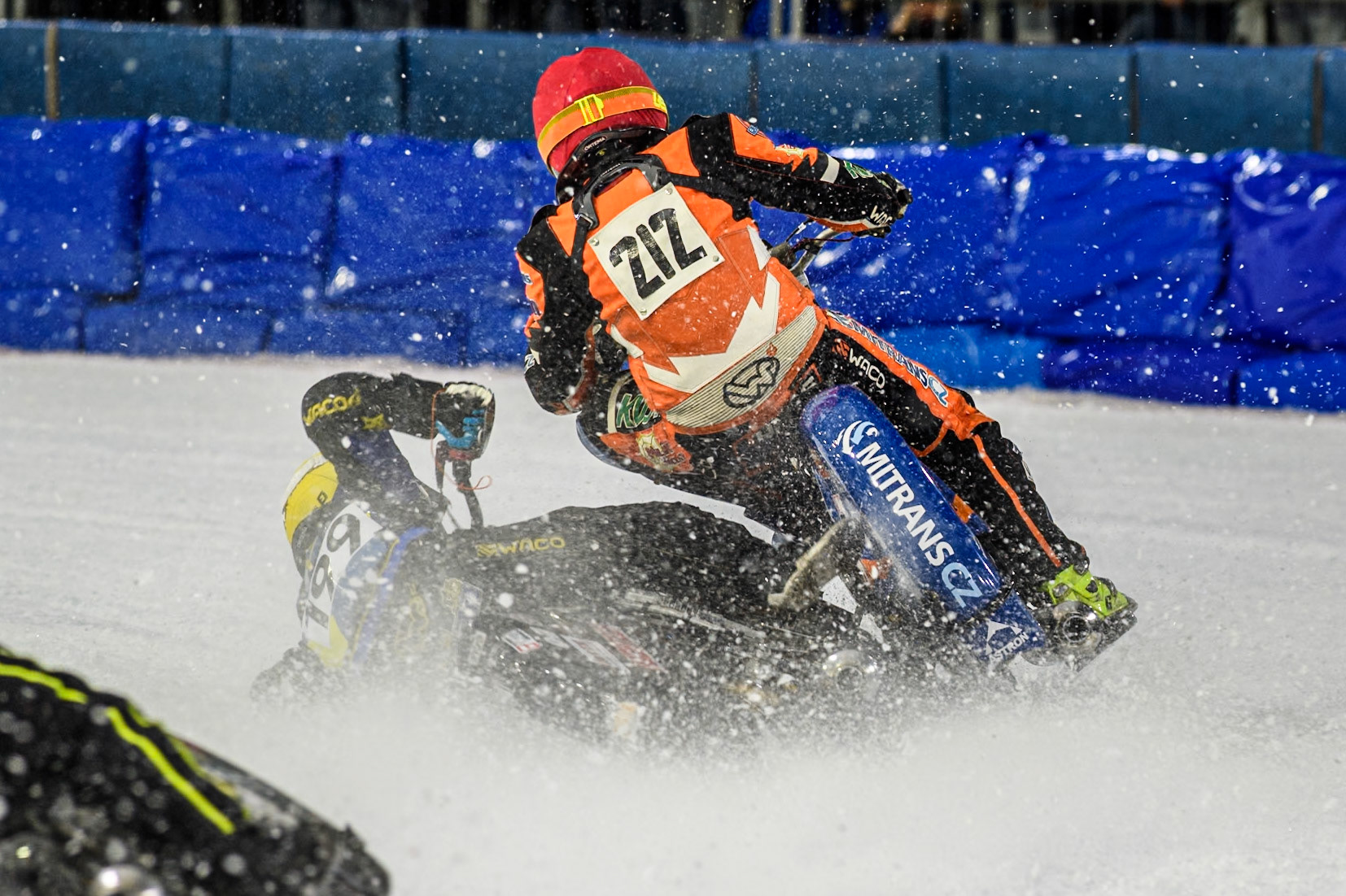 Martin Haarahiltunen (199) of Sweden loses control of his bike during the FIM Ice Speedway Gladiators World Championship, Final 3 at the Ice Stadium, Thialf, Heerenveen on Saturday 5th April 2025. (Photo: Ian Charles | MI News)