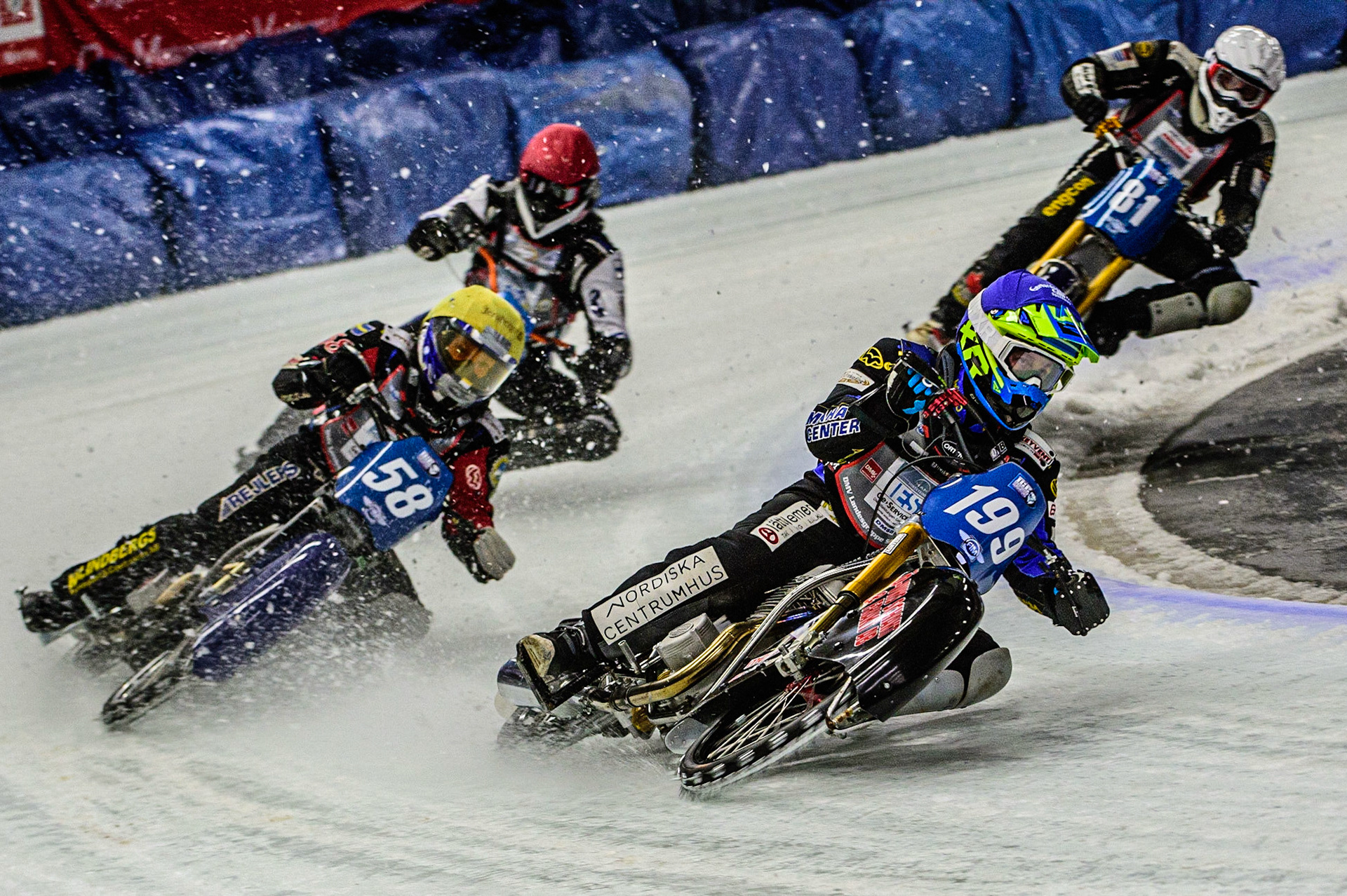 Martin Haarahiltunen (199) (Blue) leads Stefan Svensson (58) (Yellow) Mats Järf (74) (Red) and Jimmy Olsen (81) (White) during the Ice Speedway Gladiators World Championship Final 1 at Max-Aicher-Arena, Inzell, Germany on Saturday 18th March 2023. (Photo: Ian Charles | MI News)