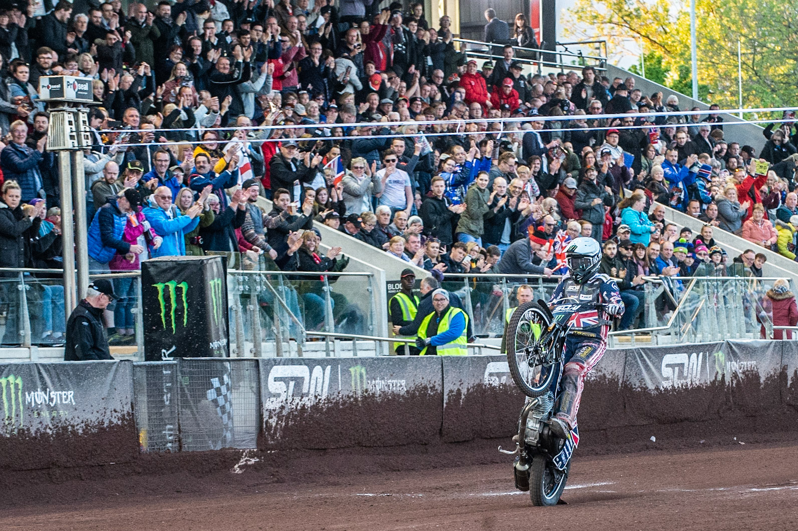 Photo: Ian Charles

Tai Woffinden celebrates with a wheelie as the crowd rise to applaud him 

Monster Energy FIM Speedway Of Nations, Race Off 2, Belle Vue National Speedway Stadium, Manchester 7 May  2019