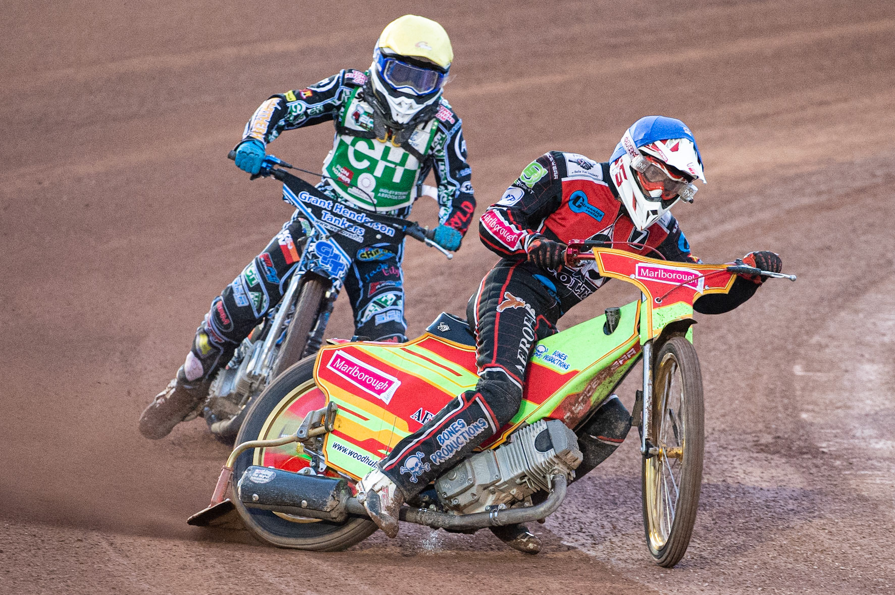 Photo: Ian Charles

Ben Woodhull  (Blue) leads Harry McGurk  as he suffers an engine failure on the final lap

Belle Vue Colts v Cradley Heathens, SGB National League, Belle Vue National Speedway Stadium, Manchester, Thursday 29  August  2019