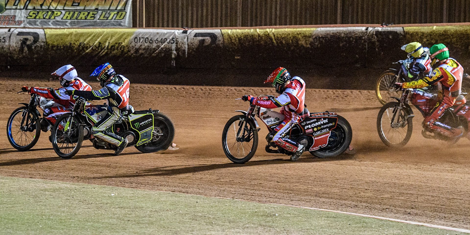 Brady Kurtz in White leading Chris Holder in Blue Dan Bewley in Red Jason Doyle in Yellow and Max Fricke in Green during the Peter Craven Memorial Trophy at the National Speedway Stadium, Manchester on Monday 17th March 2025. (Photo: Ian Charles | MI News)