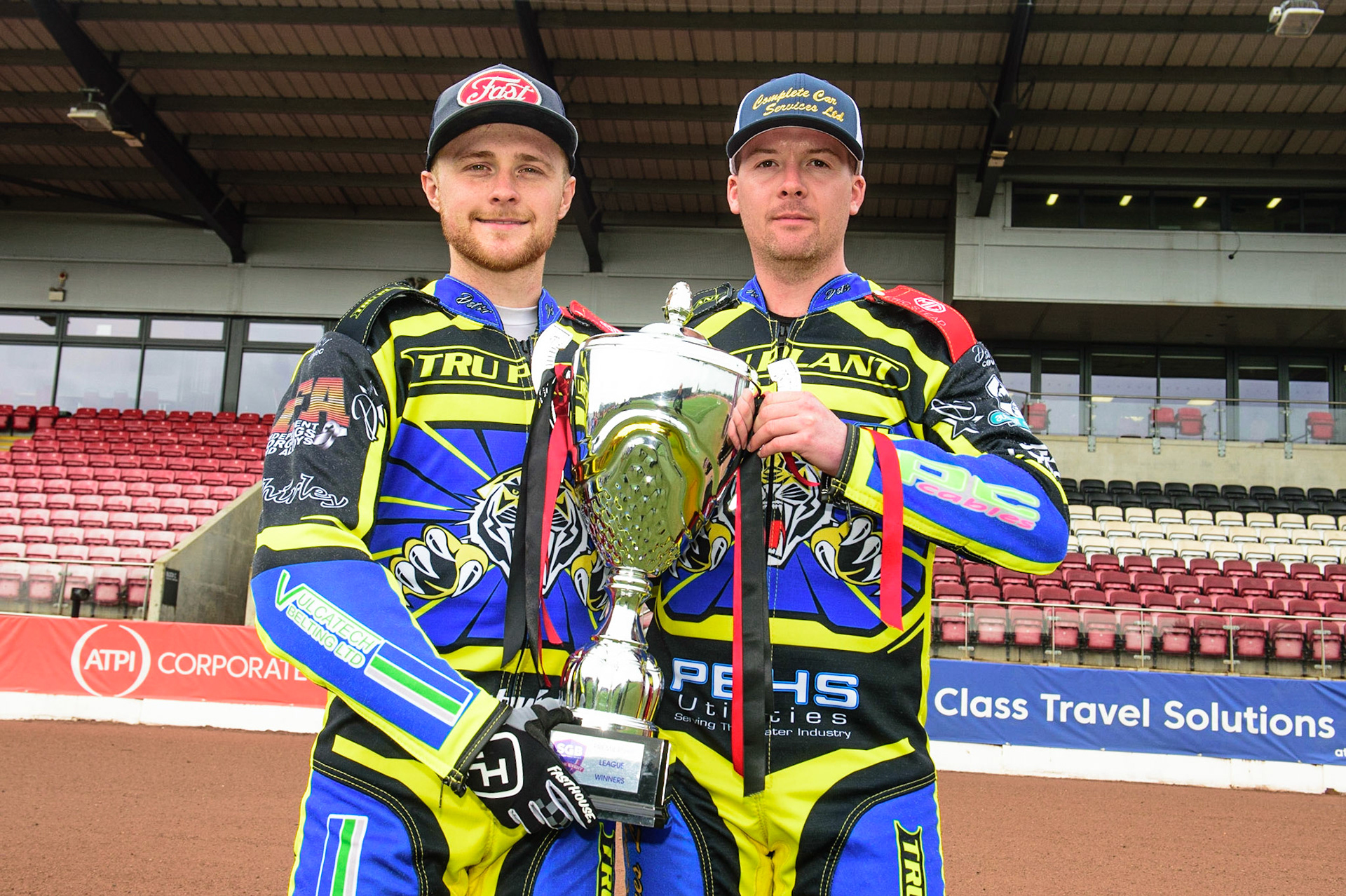 MANCHESTER, UK. APRIL 12TH: Connor Mountain and Kyle Howarth with the Premiership Trophy at the Discovery Networks Eurosport Speedway Season Launch at the National Speedway Stadium, Manchester on Tuesday 12th April 2022 (Credit: Ian Charles | MI News)