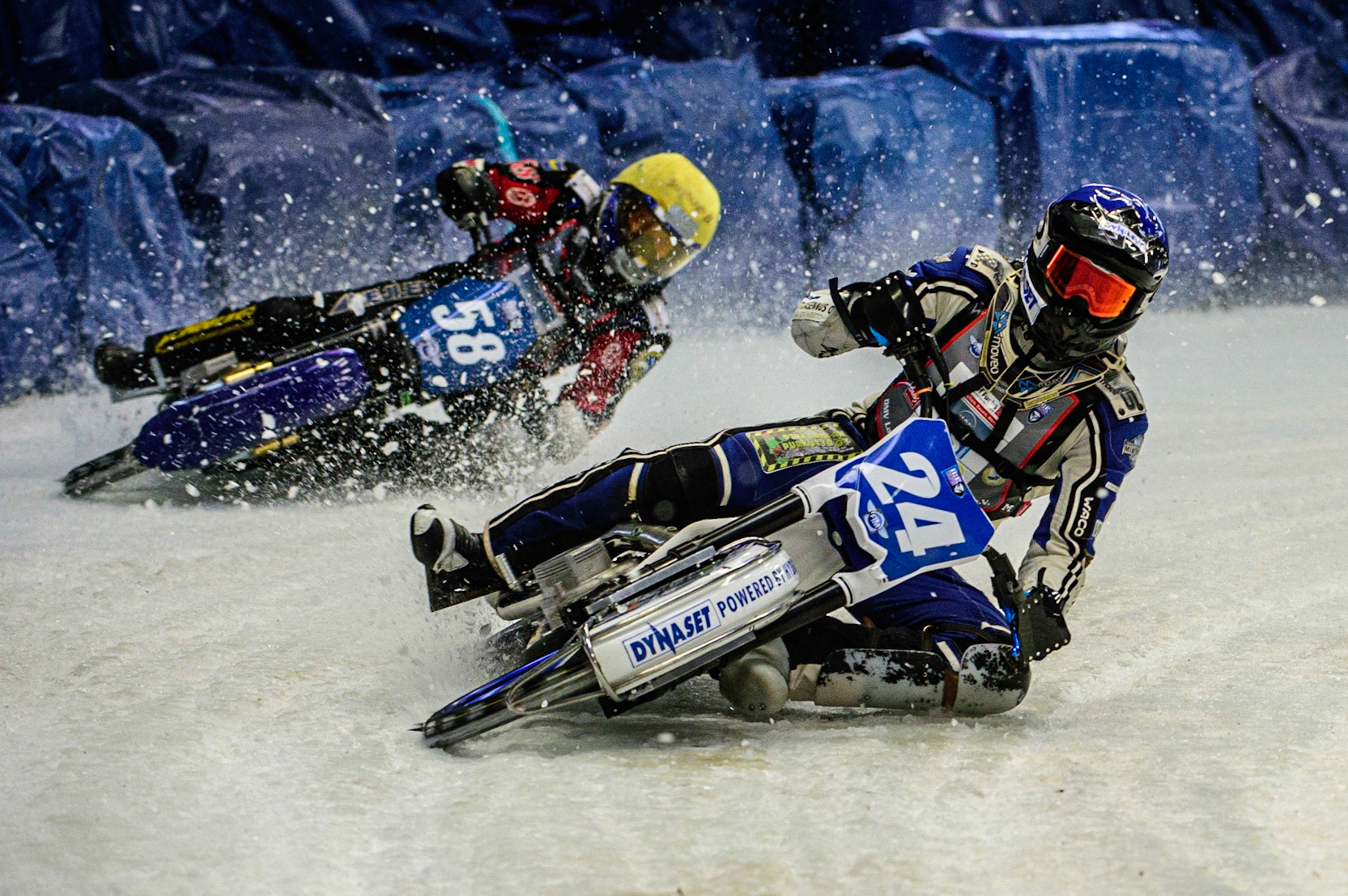 Max Koivula (24) (Blue) leads Stefan Svensson (58) (Yellow) during the Ice Speedway Gladiators World Championship Final 2 at Max-Aicher-Arena, Inzell, Germany on Sunday 19th March 2023. (Photo: Ian Charles | MI News)