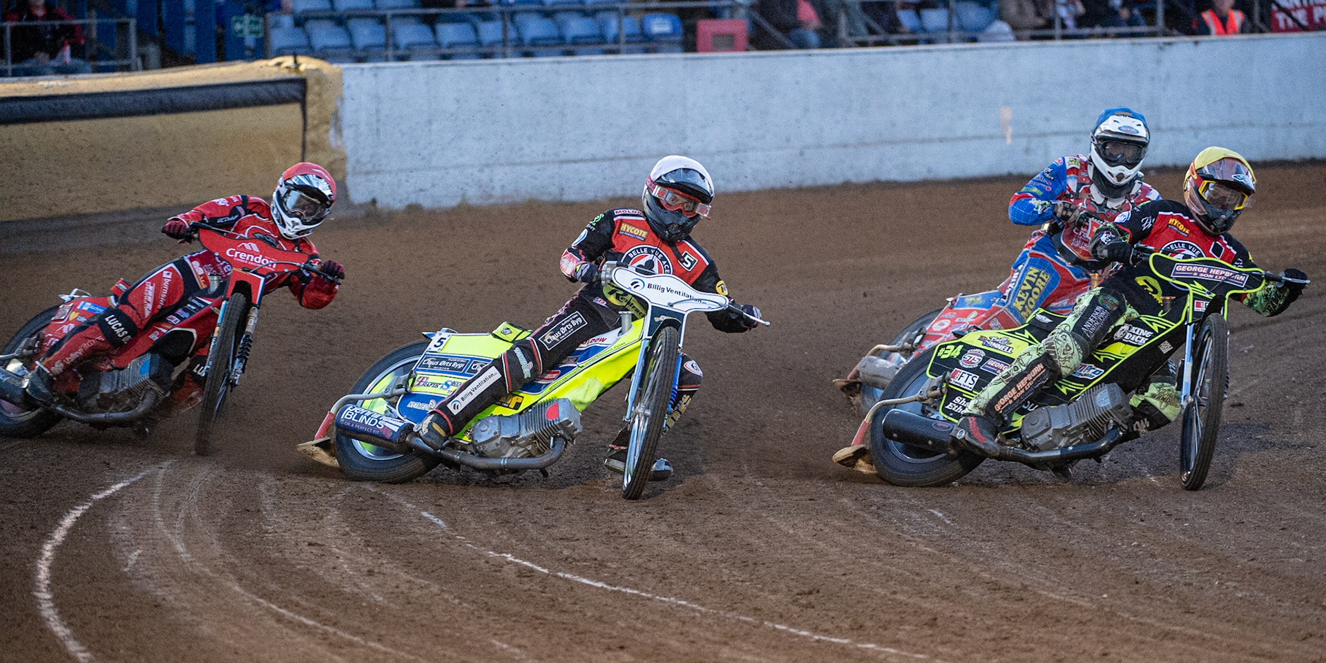 Photo by Ian Charles:

 Belle Vue Aces ‘ Jye Etheridge  (Yellow) and Kenneth Bjerre  (White) leads Rohan Tungate  (Red) and Simon Lambert (Blue)

Peterborough Panthers v Belle Vue Aces, British Speedway Premiership, Thursday, 5, September, 2019