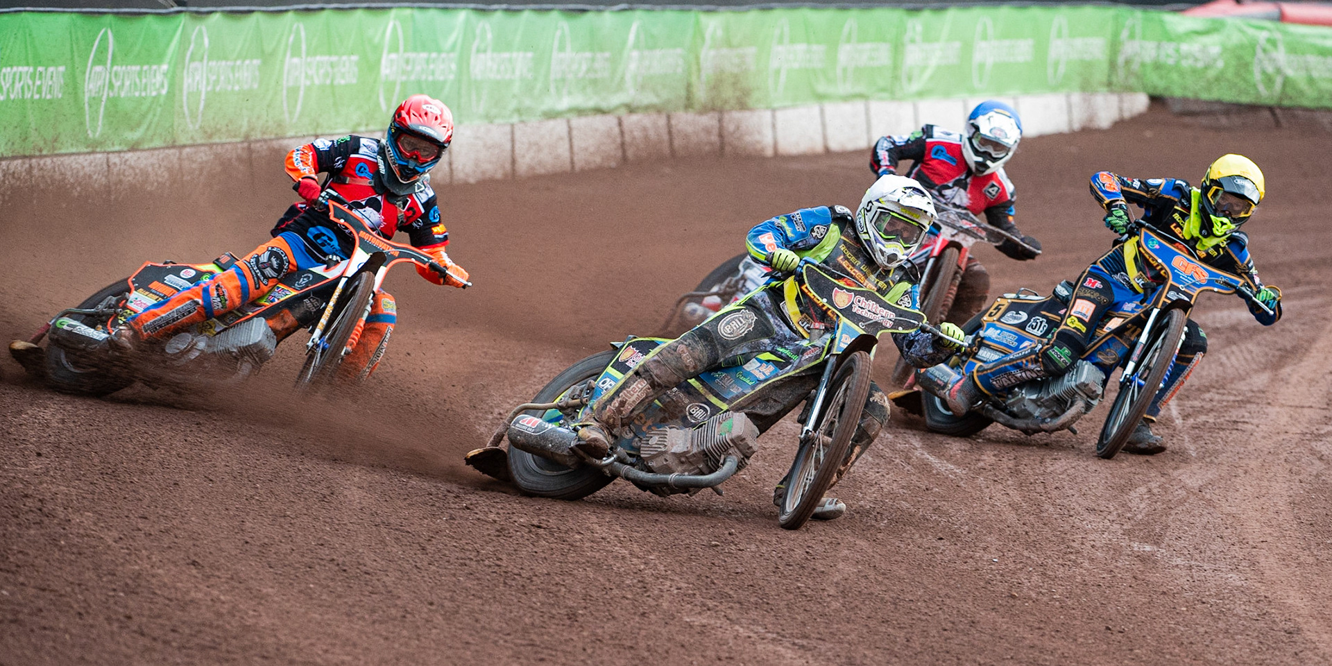 Photo: Ian Charles

Danyon Hume  (White) leads Jordan Palin  (Red) Anders Rowe  (Yellow) and Danny Phillips  (Blue)

Belle Vue Colts v Leicester Cubs, SGB National League, Belle Vue National Speedway Stadium, Manchester, Thursday 8  August  2019
