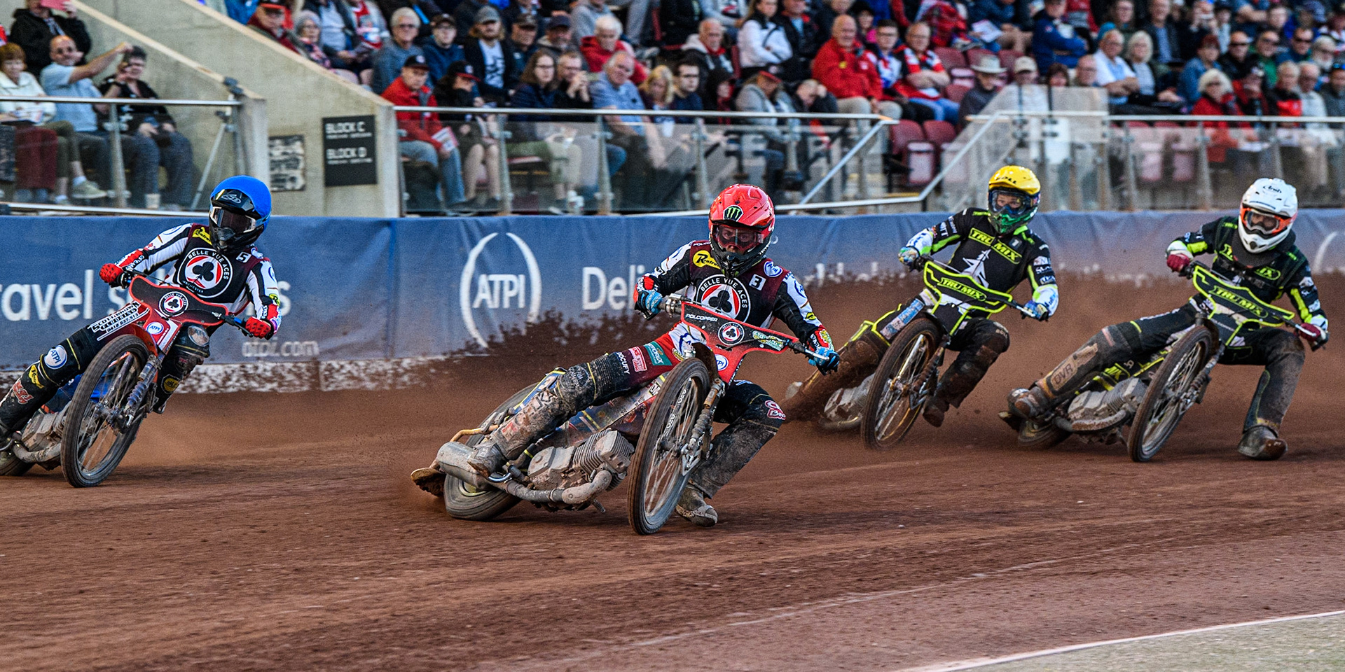 Brady Kurtz (Blue) and Jaimon Lidsey (Red) go for maximum points over Jason Doyle (Yellow) and Keynan Rew (White) during the Sports Insure Premiership match between Belle Vue Aces and Ipswich Witches at the National Speedway Stadium, Manchester on Monday 5th June 2023. (Photo: Ian Charles | MI News)