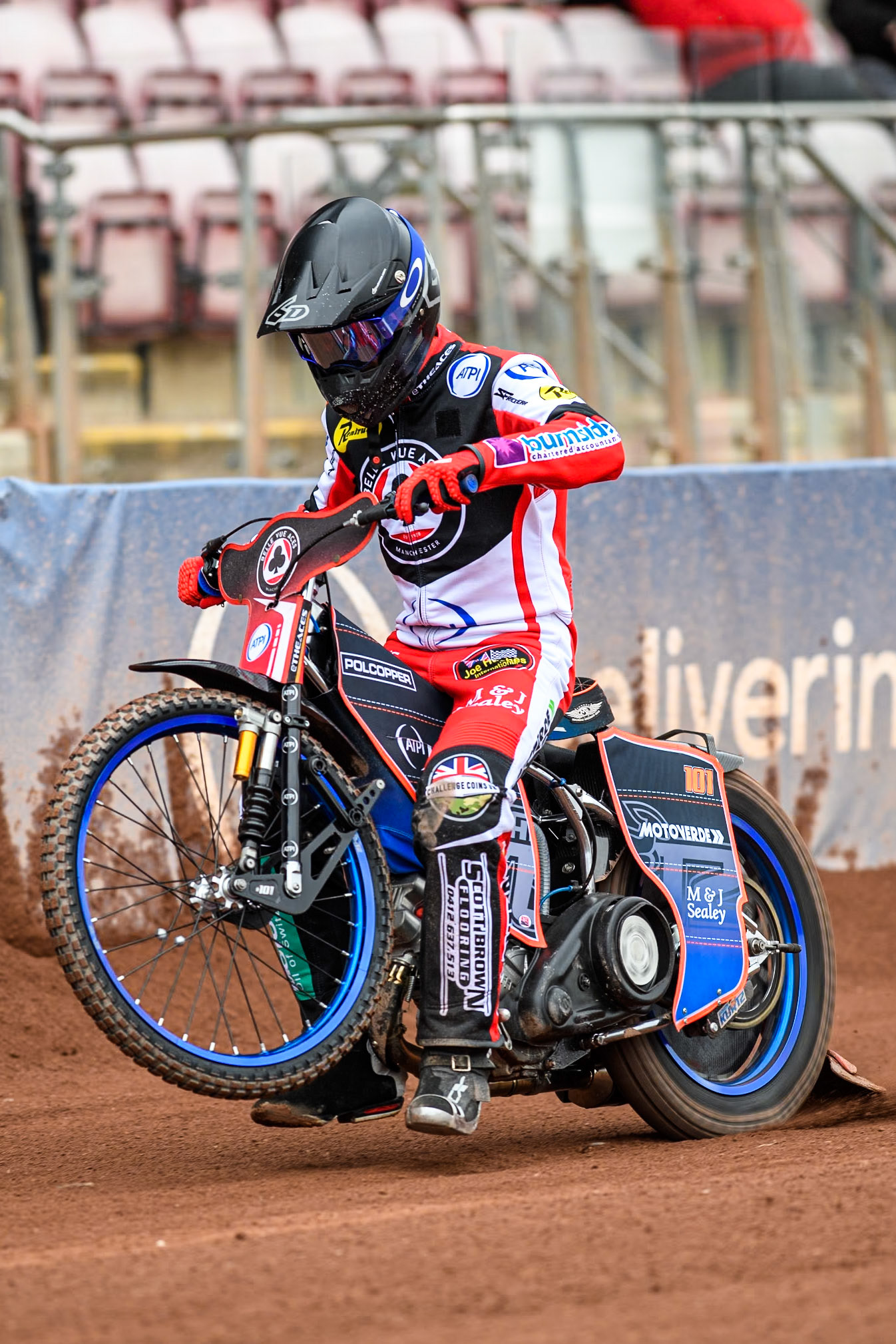 Belle Vue Aces' rider Brady Kurtz does a practice start during the Belle Vue Aces Media Day at the National Speedway Stadium, Manchester on Monday 11th March 2024. (Photo: Ian Charles | MI News)