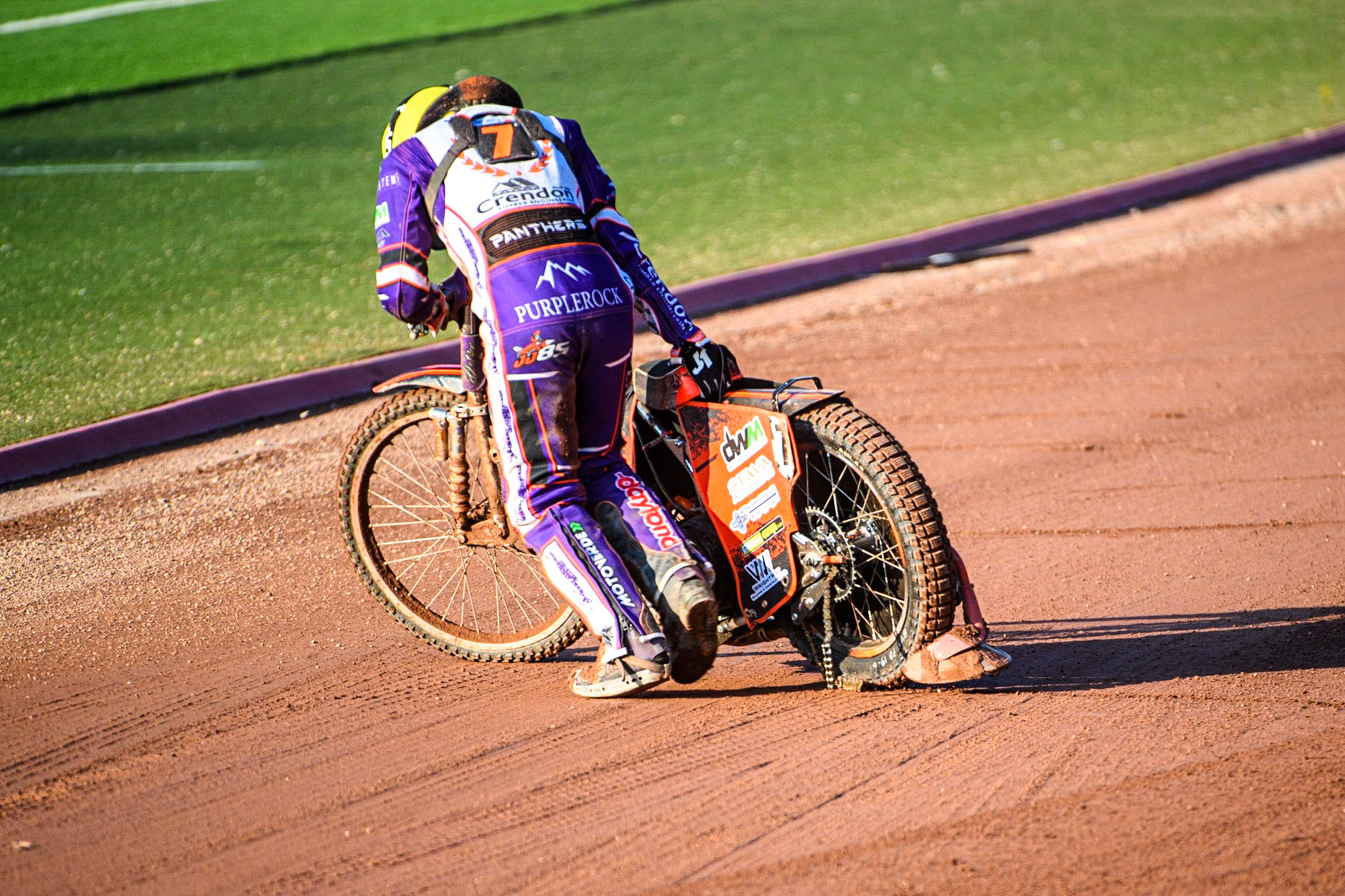 Jordan Jenkins pulls his bike from the track after shedding his chain and jamming the back wheel during the Sports Insure Premiership match between Belle Vue Aces and Peterborough at the National Speedway Stadium, Manchester on Monday 19th June 2023. (Photo: Ian Charles | MI News)