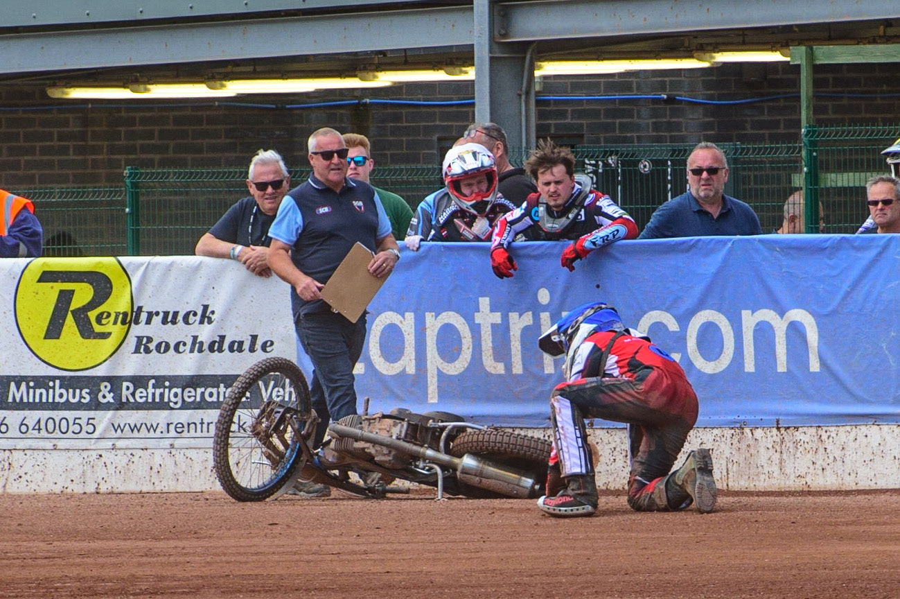 MANCHESTER, UK.  JUN 3RD  Sam McGurk picked himself up after rearing at the start and landing outside the pit gate during the National Development League match between Belle Vue Colts and Oxford Chargers at the National Speedway Stadium, Manchester on Friday 3rd June 2022. (Credit: Ian Charles | MI News)
