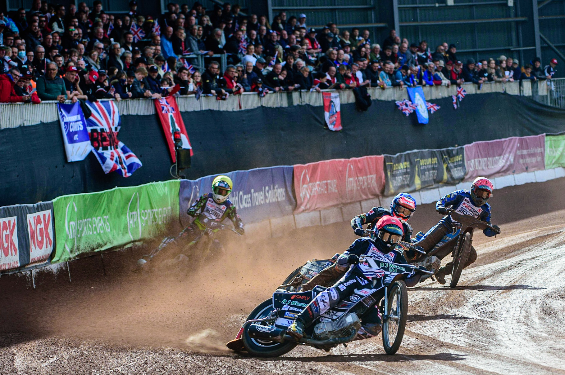 Danny King  (Red) leads Connor Mountain  (Blue) and Charles Wright  (Yellow) and Kyle Howarth (White) during the Sports Insure British Speedway Final, at the National Speedway Stadium, Manchester, on Sunday 18th September 2022. (Credit: Ian Charles | MI News )