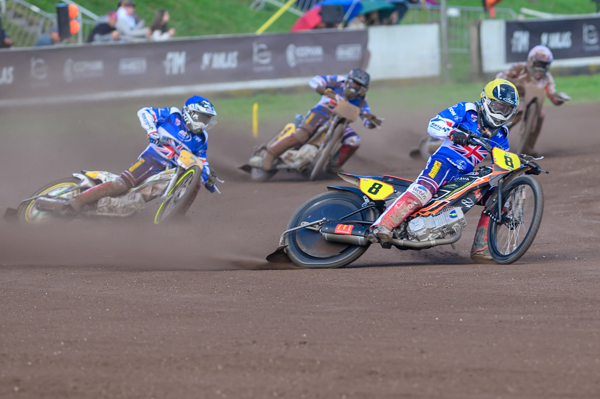 Zach Wajtknecht (8) of Great Britain in Yellow leading Chris Harris (7) of Great Britain in Blue , James Shanes (9)  of Great Britain in Black &amp; White   and Patrick Kruse (2) of Denmark in White  during the FIM Long Track of Nations 2026 at the Speed Centre Roden in the Netherlands on Sunday 20th September 2026. (Photo: Ian Charles | MI News)