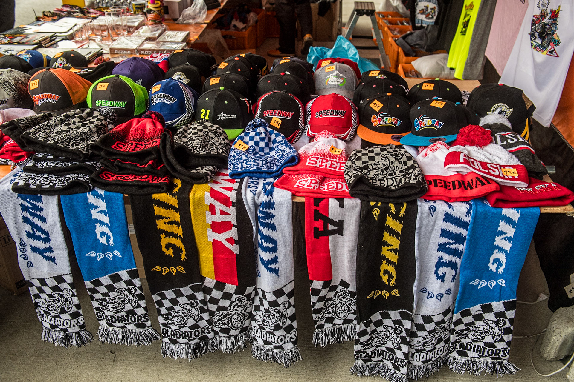 The fan shop during the Ice Speedway Gladiators World Championship Final 2 at Max-Aicher-Arena, Inzell on Sunday 16th March 2025. (Photo: Ian Charles | MI News)