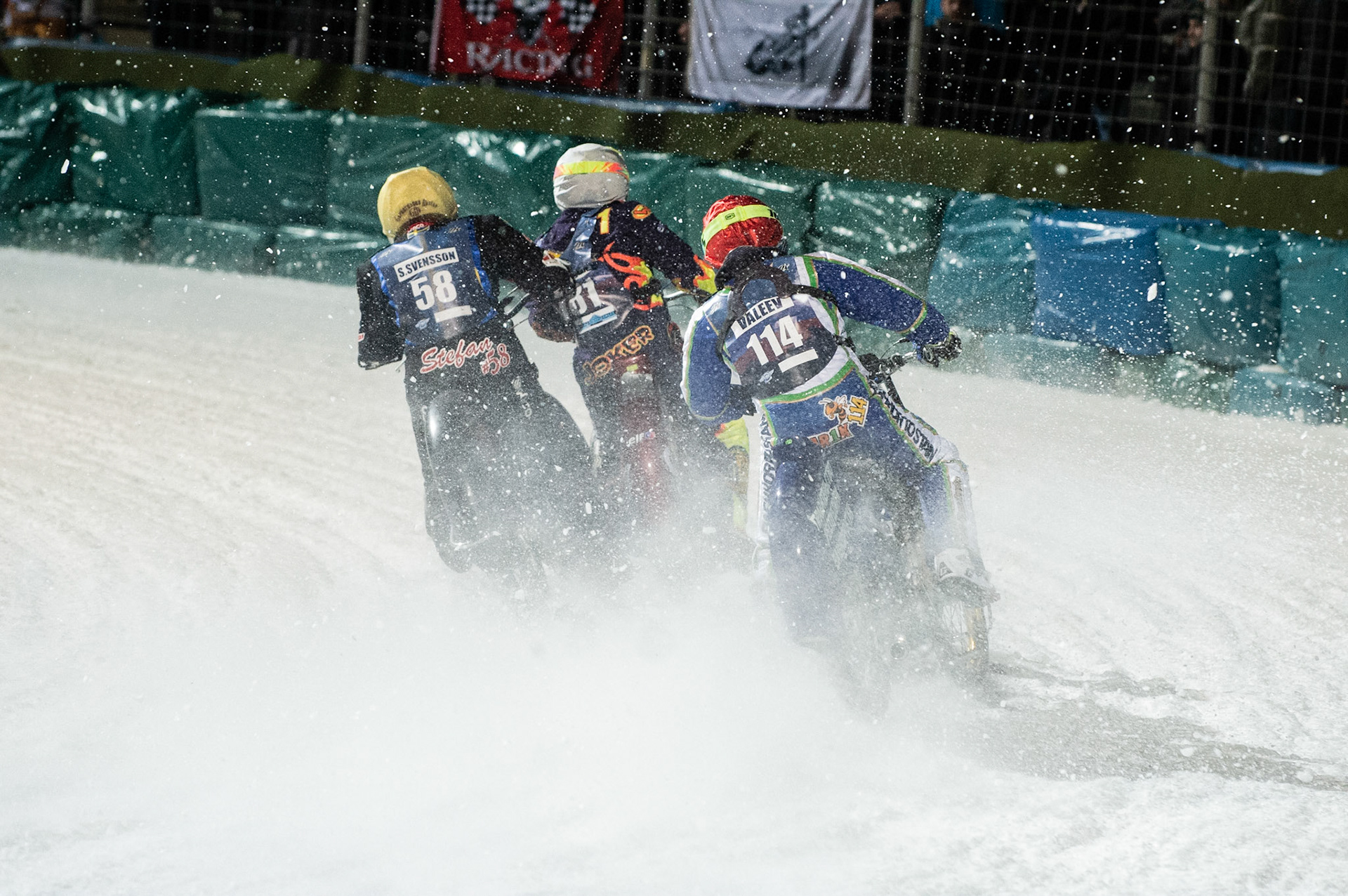 Photo: Ian Charles

Stefan Svensson (58) hits a rut inside Andrei Shishegov (181) and Dinar Valeev (114) causing Shishegov to fall

FIM Ice Speedway Gladiators World Championship, Final 3.1, Horst-Dohm Eisstadion, Berlin, Germany Saturday  2  March  2019