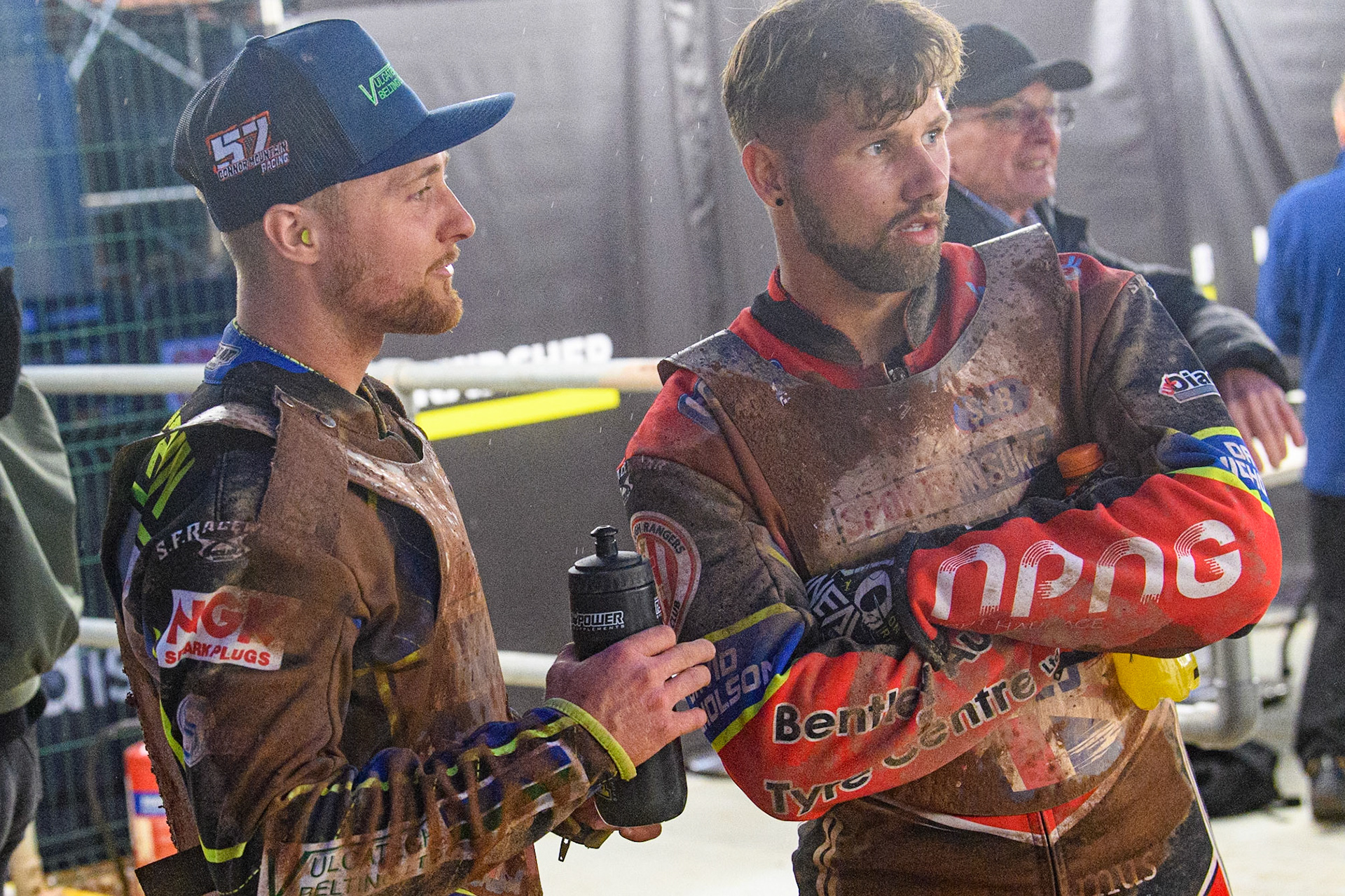 Connor Mountain (left) and Danyon Hulme watch the TV Monitor during the Sports Insure British Speedway Final at the National Speedway Stadium, Manchester on Monday 14th August 2023. (Photo: Ian Charles | MI News)