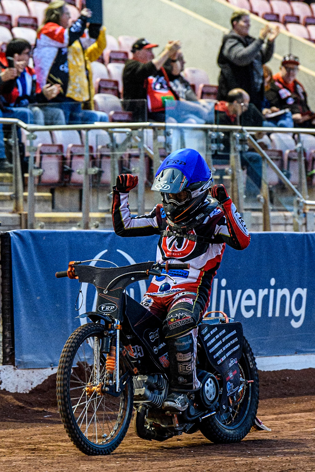 Jack Smith celebrates the Colts win during the National Development League match between Belle Vue Colts and Mildenhall Fens Tigers at the National Speedway Stadium, Manchester on Friday 26th May 2023. (Photo: Ian Charles | MI News)