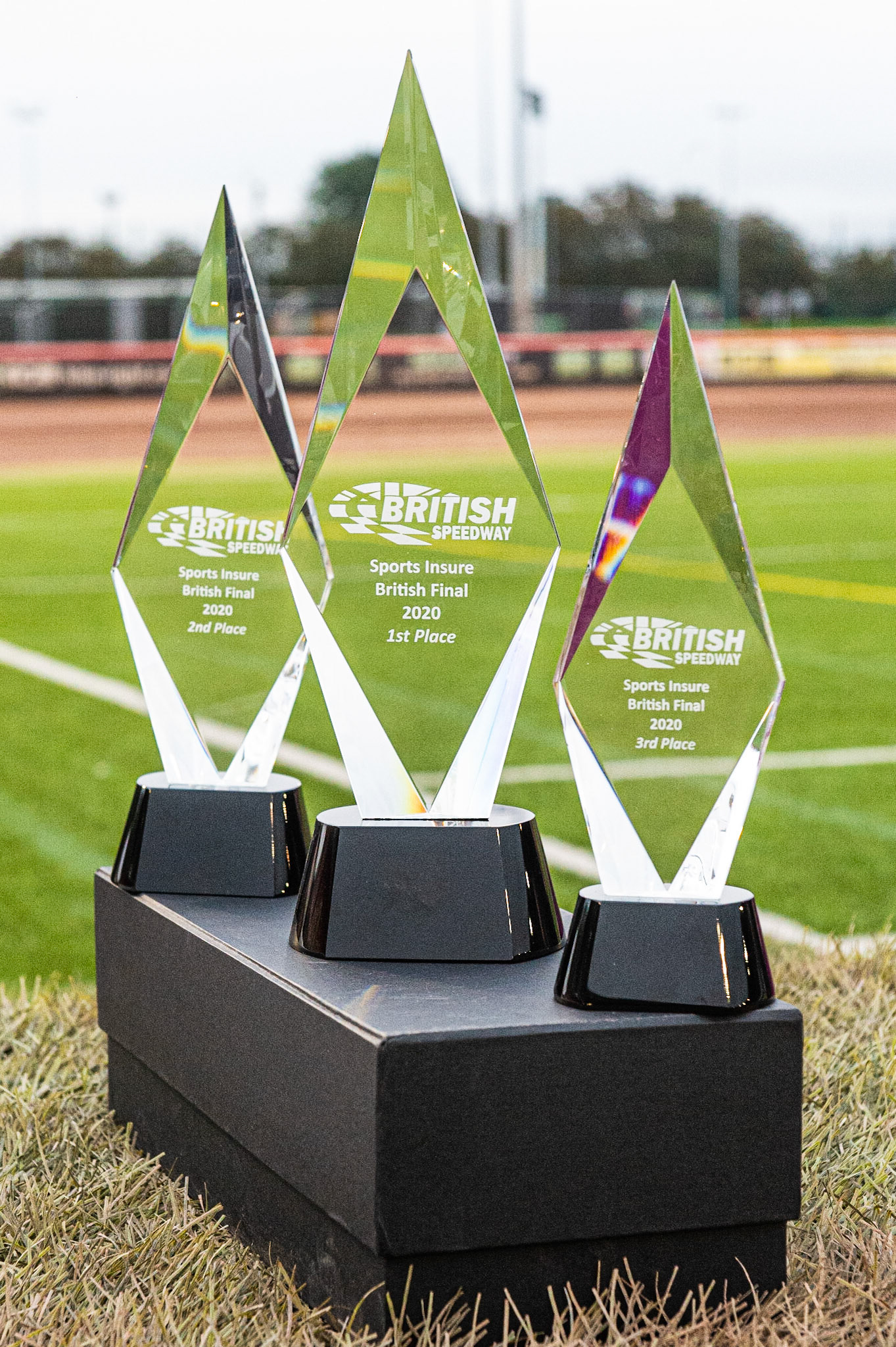 Photo: Ian CharlesThe trophies presented to the top 3 in the British FinalSports Insure British Speedway Championship Final, National Speedway Stadium, Manchester Monday  28  September  2020