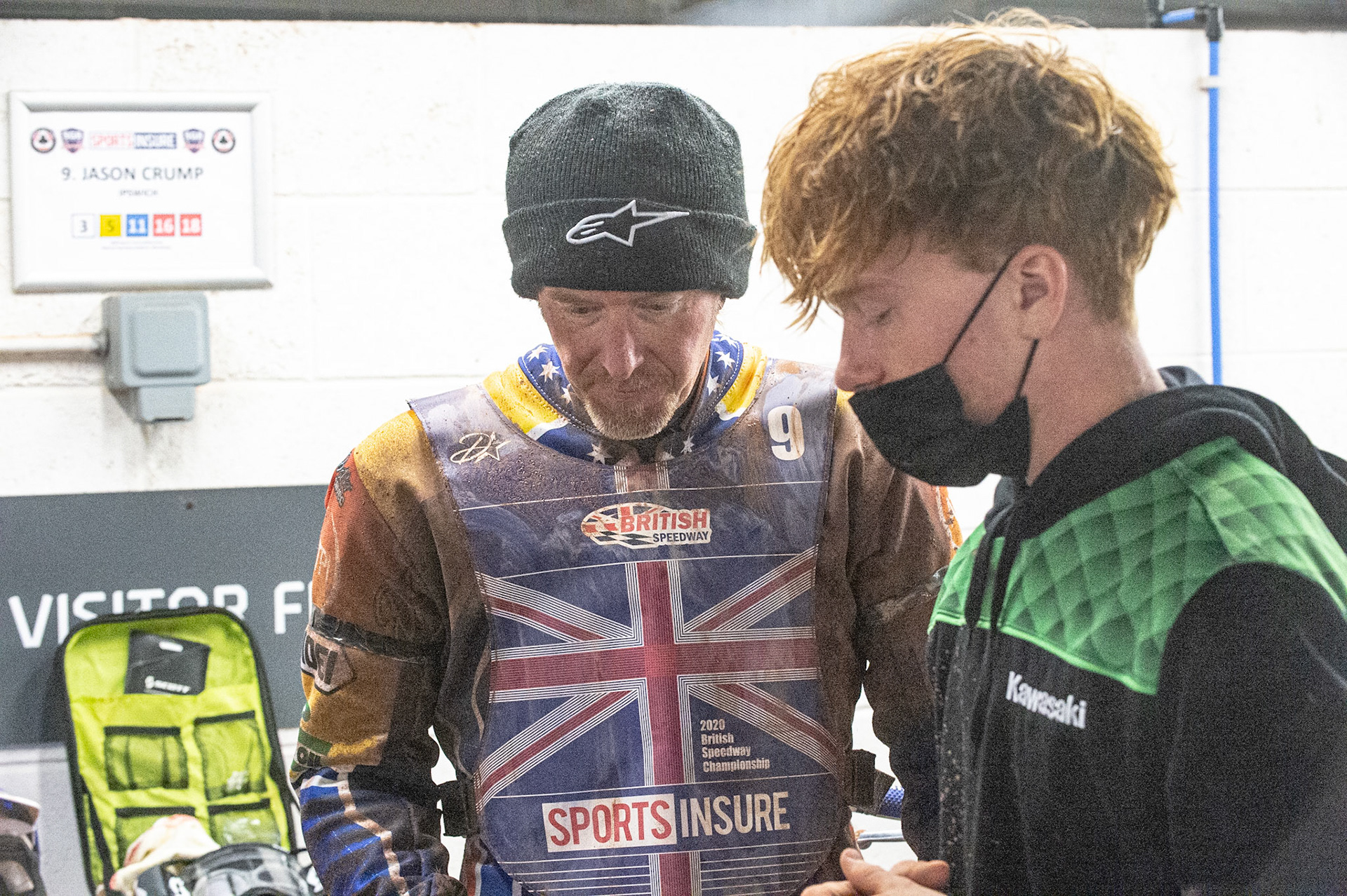 Photo: Ian CharlesJason Crump   (left) with son SethSports Insure British Speedway Championship Final, National Speedway Stadium, Manchester Monday  28  September  2020
