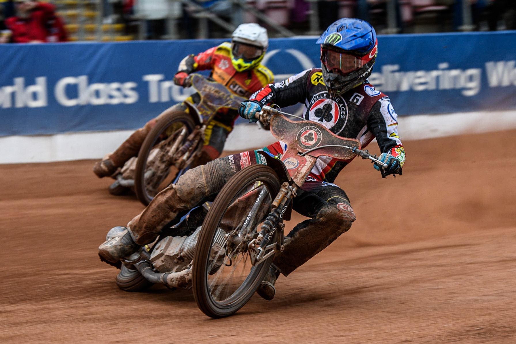 Jaimon Lidsey  (Blue) leads Chris Harris  (White) during the SGB Premiership match between Belle Vue Aces and Leicester Lions at the National Speedway Stadium, Manchester on Monday 1st May 2023. (Photo: Ian Charles | MI News)