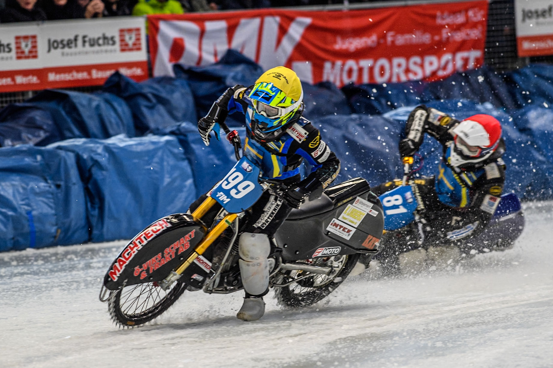 Sweden's Martin Haarahiltunen (199)  gets into difficulty and manages to correct it during the FIM Ice Speedway Gladiators World Championship Final 2 at the Max-Aicher-Arena, Inzell on Sunday 24 March 2024. (Photo: Ian Charles | MI News)