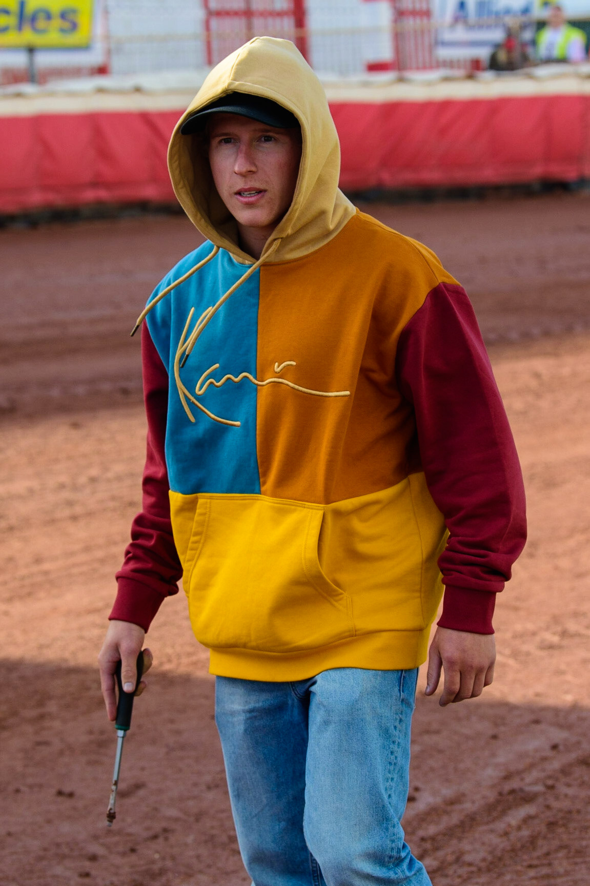 Andzejs Lebedevs (Latvia) on his pre-meeting track walk, armed with a screwdriver to test the depth on the shale  during the FIM Speedway Grand Prix Challenge at the Peugeot Ashfield Stadium, Glasgow on Saturday 20th August 2022. (Credit: Ian Charles | MI News)