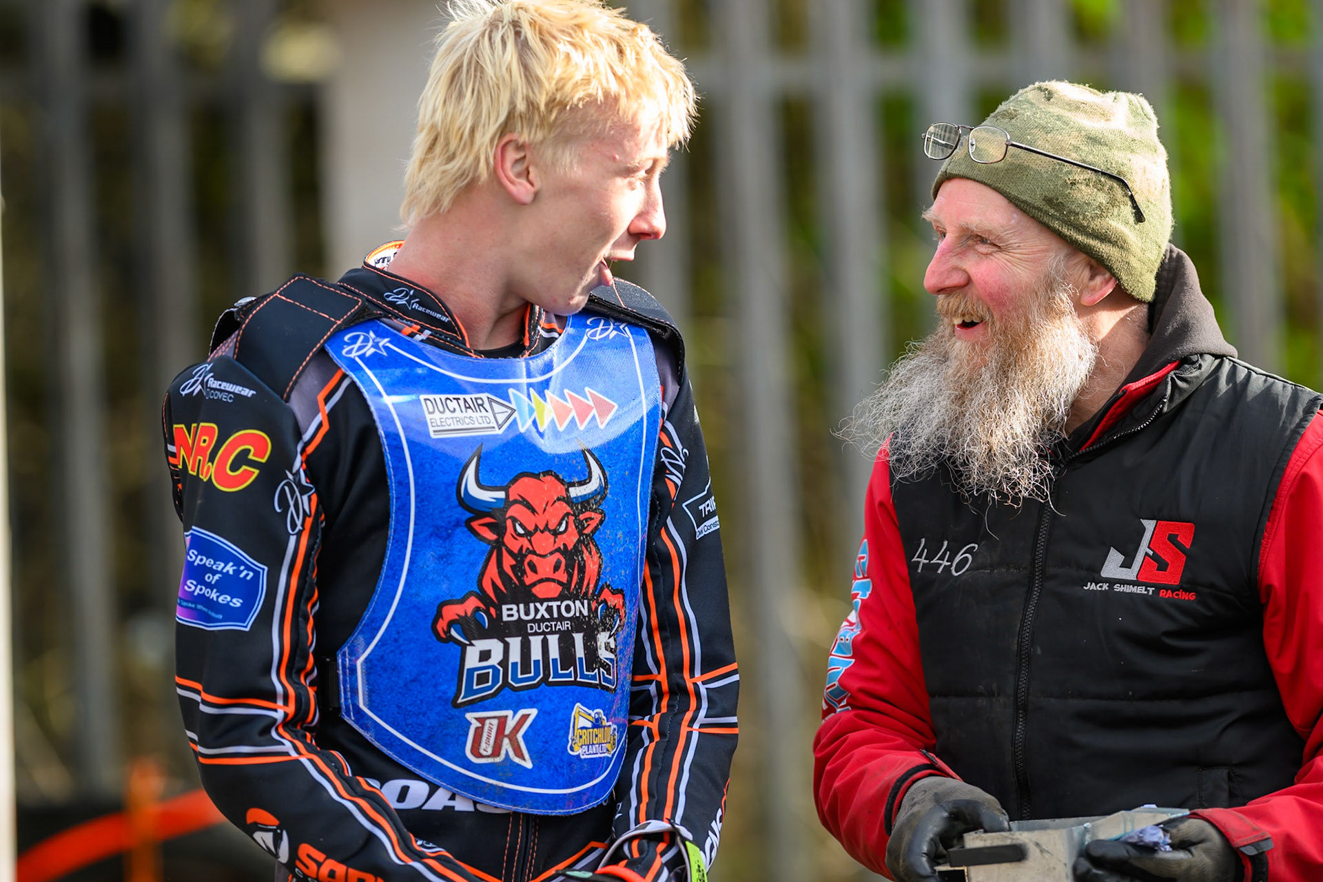 Jacob Fellows of Buxton Bulls  (Left) chats with Jack Shimelt's father during the Regina Chains Fours at Buxton Speedway, Buxton on Sunday 5th April 2026. (Photo: Ian Charles | MI News)