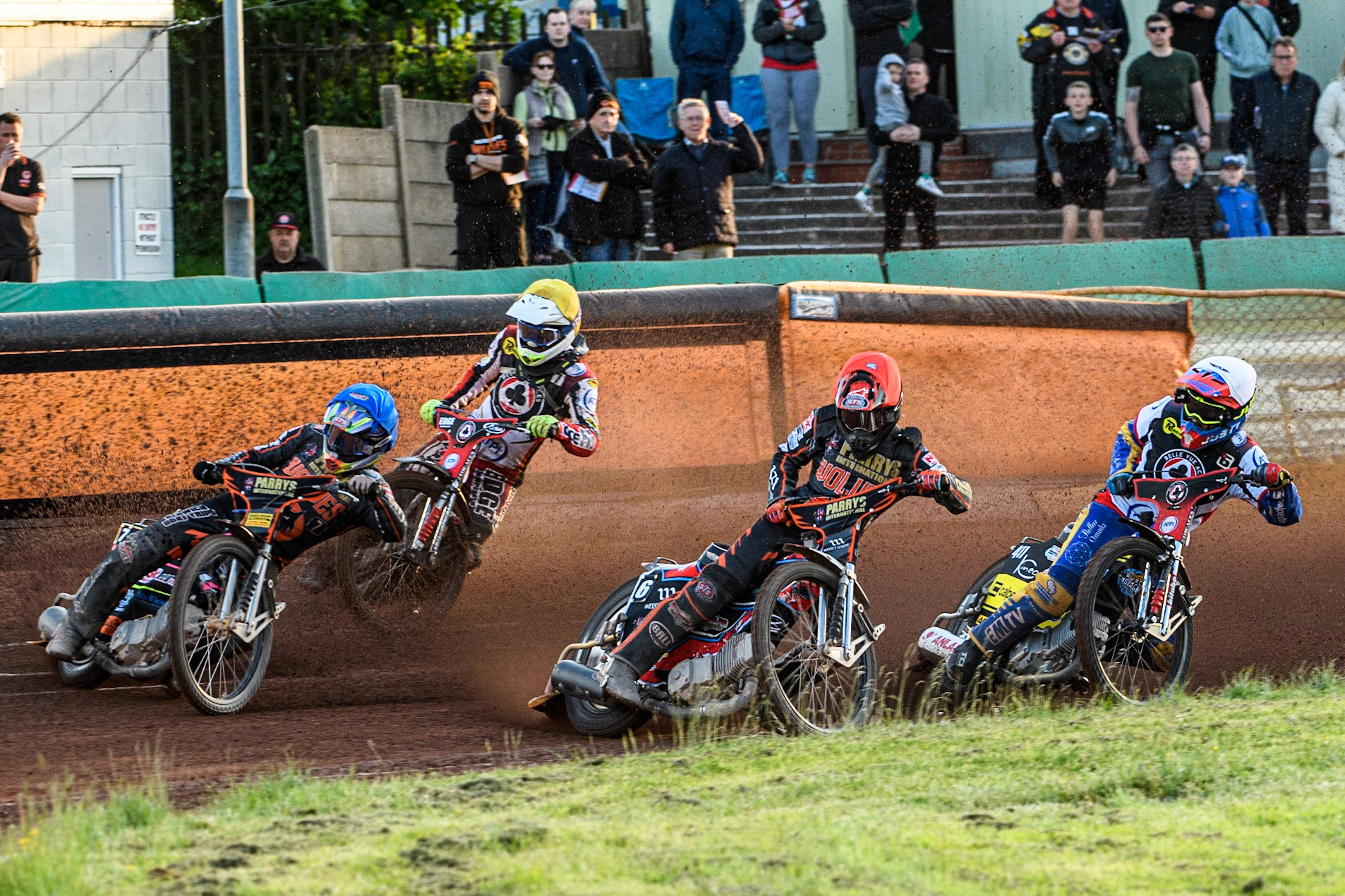 (l - r) Leon Flint (Blue) Jake Mulford (Yellow) Zach Cook (Red) and Paco Castagna (White) during the Sports Insure Premiership match between Wolverhampton Wolves and Belle Vue Aces at Monmore Green Stadium, Wolverhampton on Monday 29th May 2023. (Photo: Ian Charles | MI News)