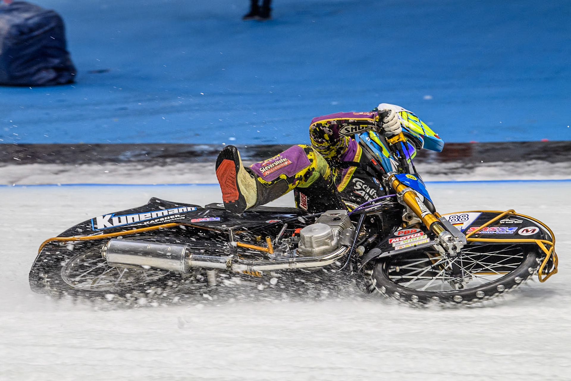 German Reserve Maximillian Neidermaier (19) slides off during the FIM Ice Speedway Gladiators World Championship Final 2 at the Max-Aicher-Arena, Inzell on Sunday 24 March 2024. (Photo: Ian Charles | MI News)