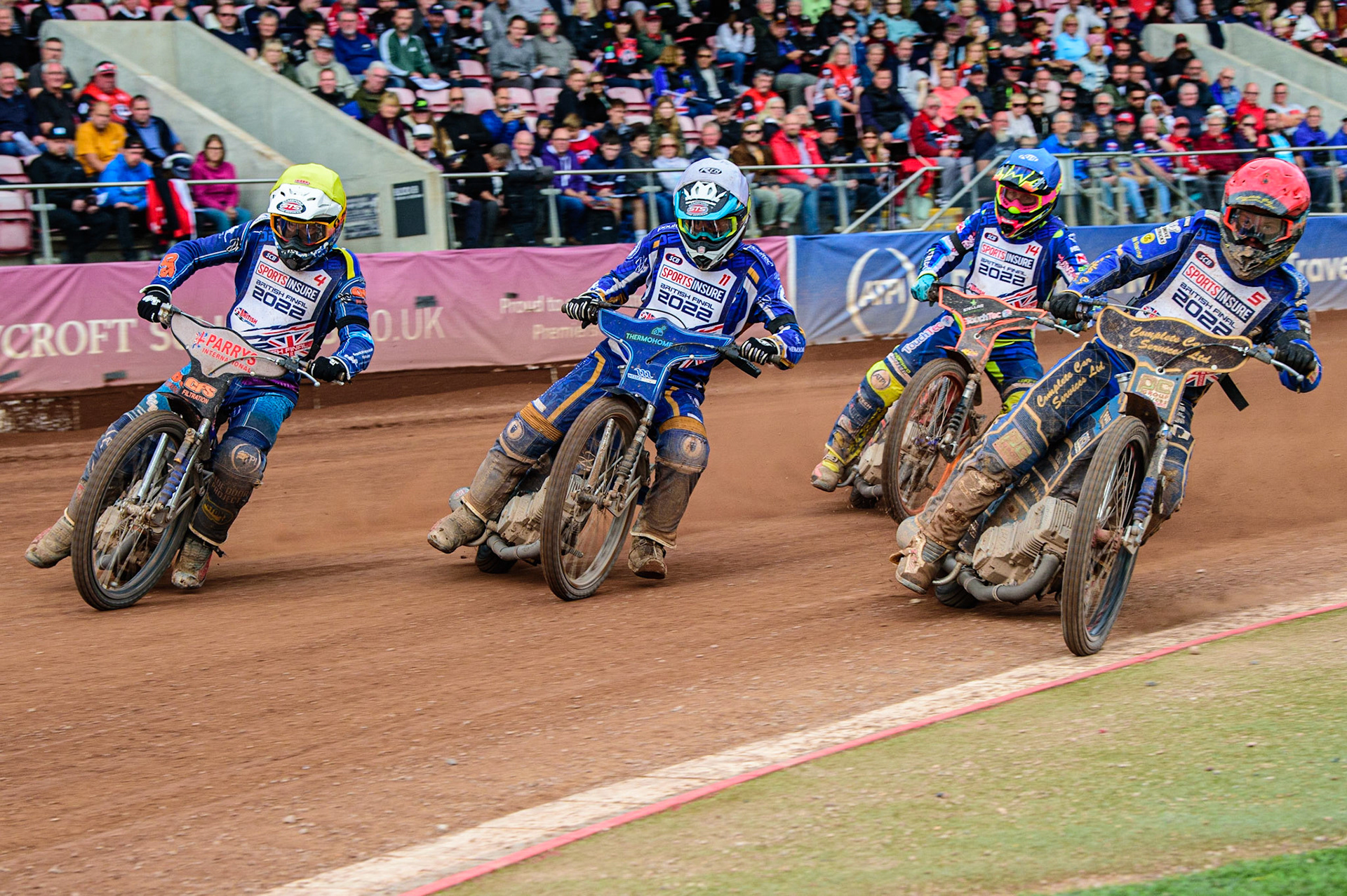 Kyle Howarth  (Red) inside Richard Lawson  (White) and Steve Worrall  (Yellow) with Scott Nicholls  (Blue) behind during the Sports Insure British Speedway Final, at the National Speedway Stadium, Manchester, on Sunday 18th September 2022. (Credit: Ian Charles | MI News )
