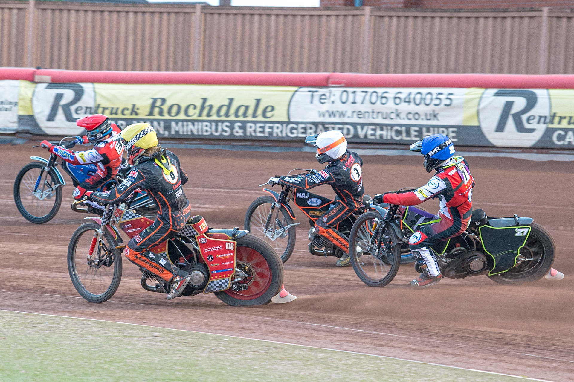 MANCHESTER, UK. JUN 13TH Drew Kemp  (Yellow) inside Matej Zagar  (Red), Luke Becker  (White) and Tom Brennan  (Blue) during the SGB Premiership match between Belle Vue Aces and Wolverhampton  Wolves at the National Speedway Stadium, Manchester on Monday 13th June 2022. (Credit: Ian Charles | MI News)