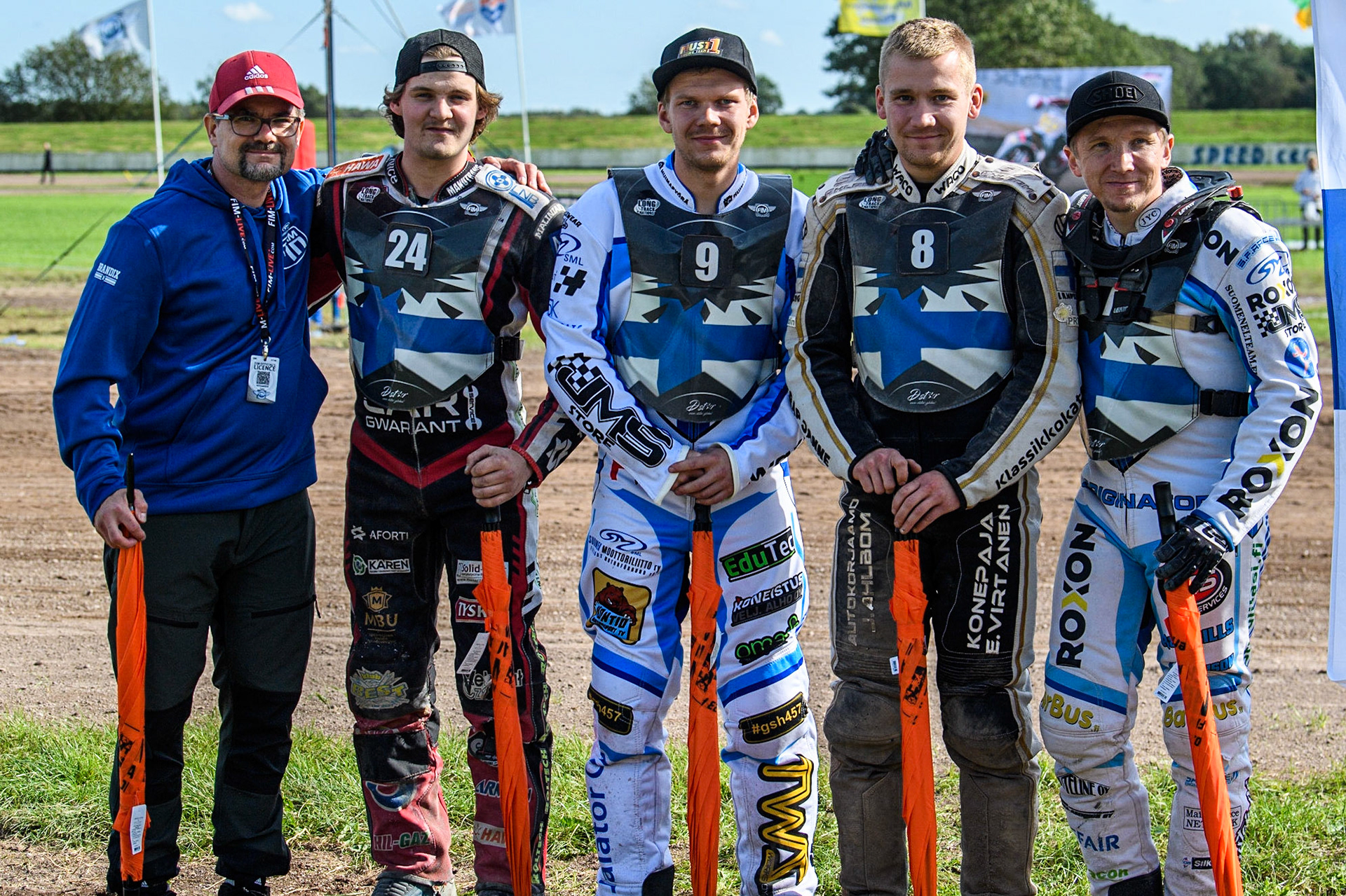 Finland: (L to R) Finnish Team Manager Tomi Nevanperä, Topi Mustonen, Jesse Mustonen, Henri Ahlbom, Tero Aarnio during the FIM Long Track Of Nations event at the Speed Centre Roden on Sunday 24th September 2023. (Photo: Ian Charles | MI News)