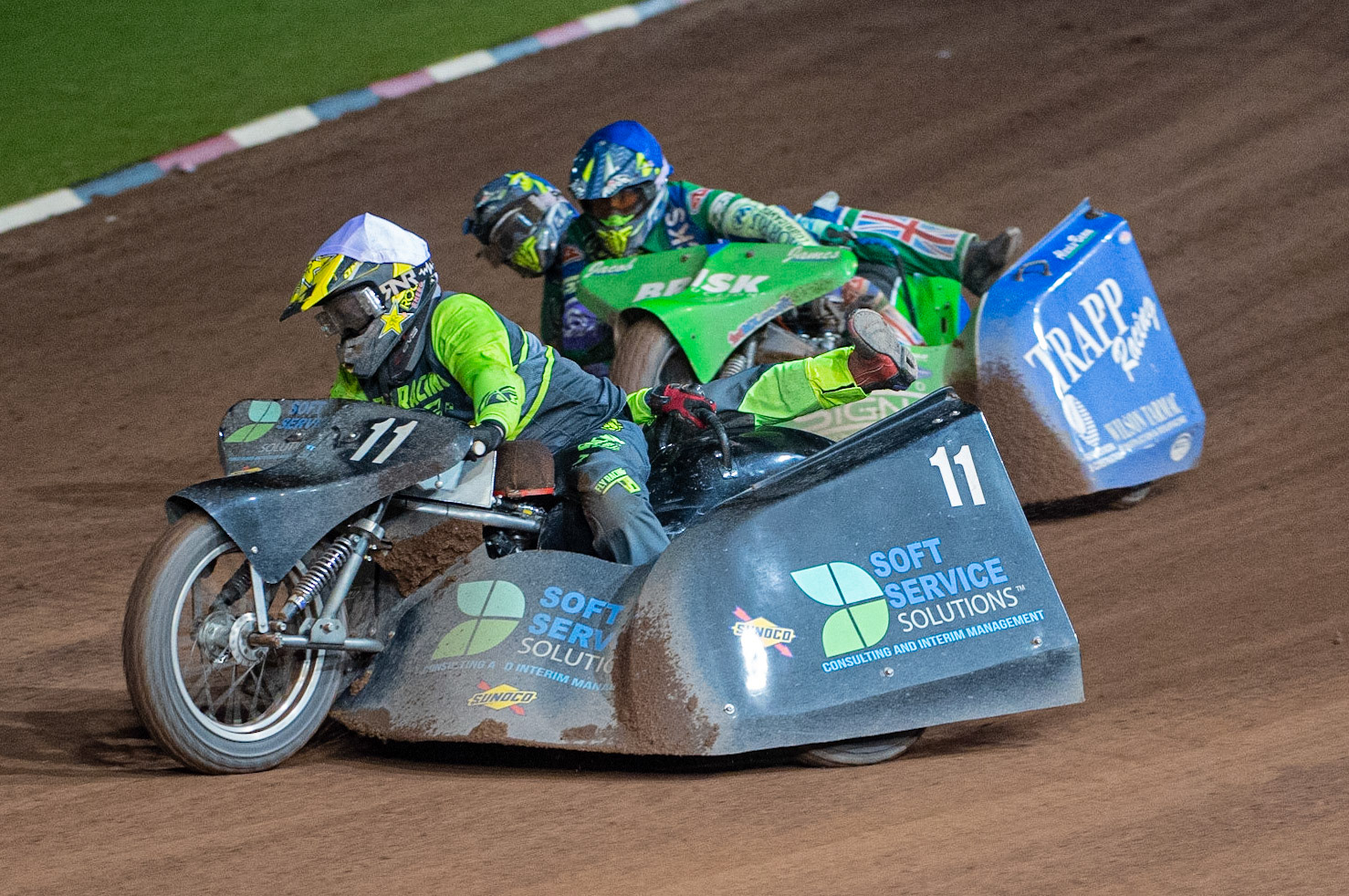 MANCHESTER, ENGLAND Philip Wynn & Adam Cowper Smith(11) leads Jack Penfold & Kieran Ivy(6) during the  ACU Sidecar Speedway Manchester Masters,  Belle Vue National Speedway Stadium, Manchester Saturday 12 October 2019 (Credit: Ian Charles | MI News)