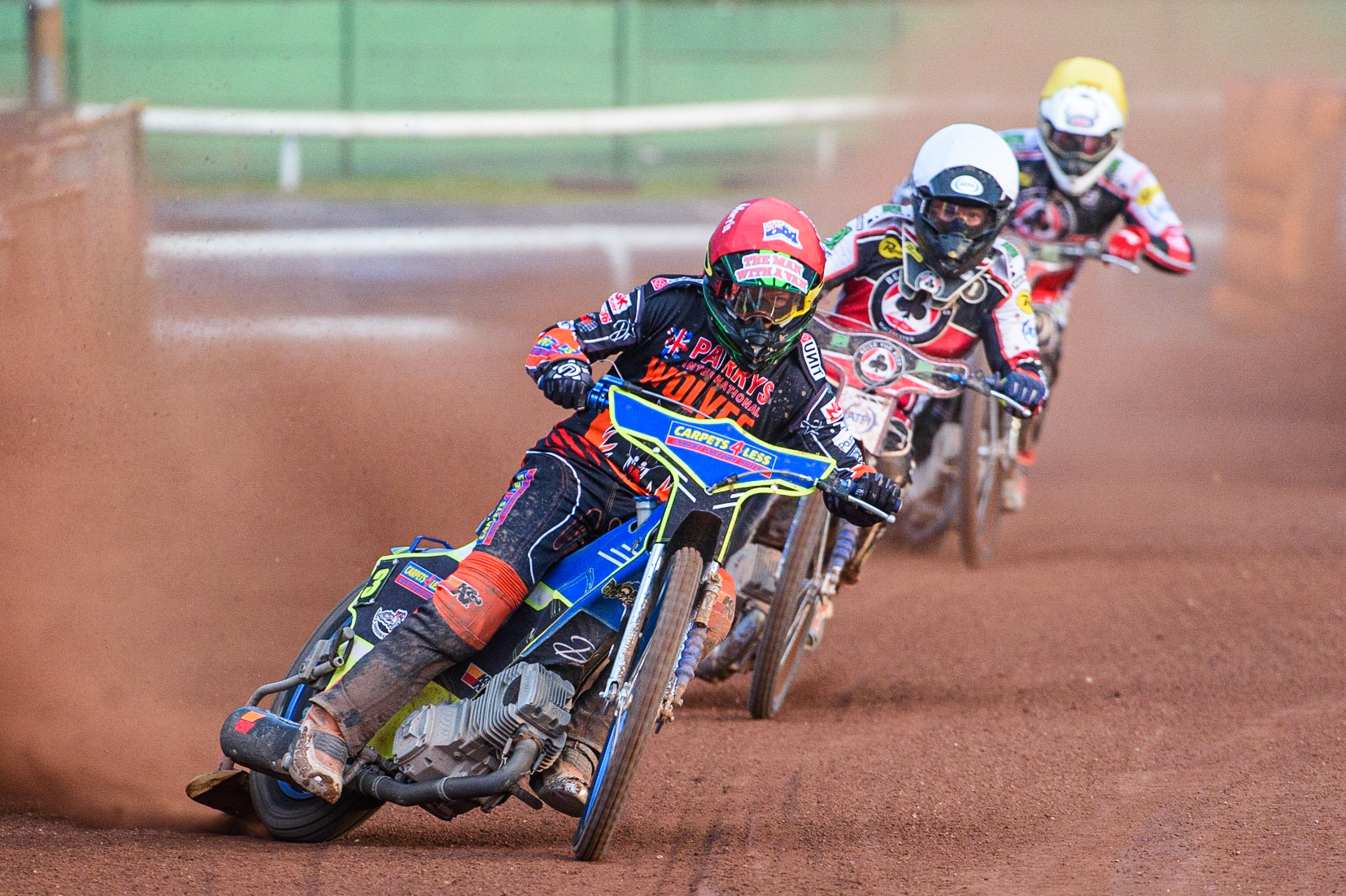 WOLVERHAMPTON, UK. JULY 26TH Nick Morris  (Red) leads Brady Kurtz  (White) and Richie Worrall  (Yellow) during the SGB Premiership match between Wolverhampton Wolves and Belle Vue Aces at the Ladbroke Stadium, Wolverhampton on Monday 26th July 2021. (Credit: Ian Charles | MI News)