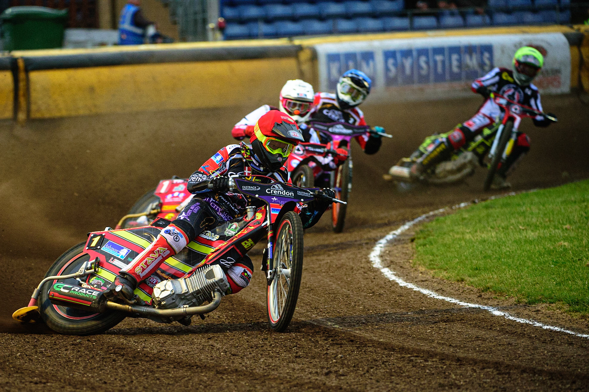 PETERBOROUGH, UK. MAY 9TH Michael Palm Toft  (Red) leads Max Fricke  (White) Scott Nicholls  (Blue) and Jye Etheridge  (Yellow)  during the SGB Premiership match between Peterborough Panthers and Belle Vue Aces at East of England Showground, Peterborough on Monday 9th May 2022. (Credit: Ian Charles | MI News)