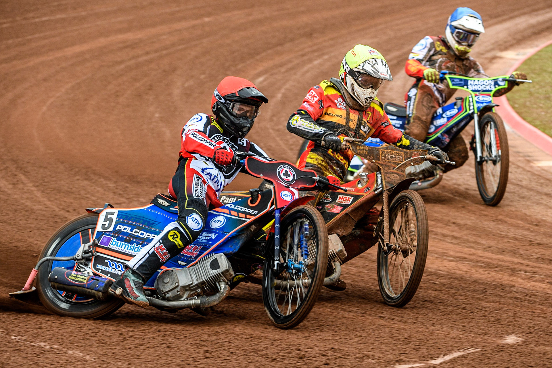 Brady Kurtz  (Red) outside Dan Thompson  (Yellow) and Jake Mulford  (Blue) during the SGB Premiership match between Belle Vue Aces and Leicester Lions at the National Speedway Stadium, Manchester on Monday 1st May 2023. (Photo: Ian Charles | MI News)