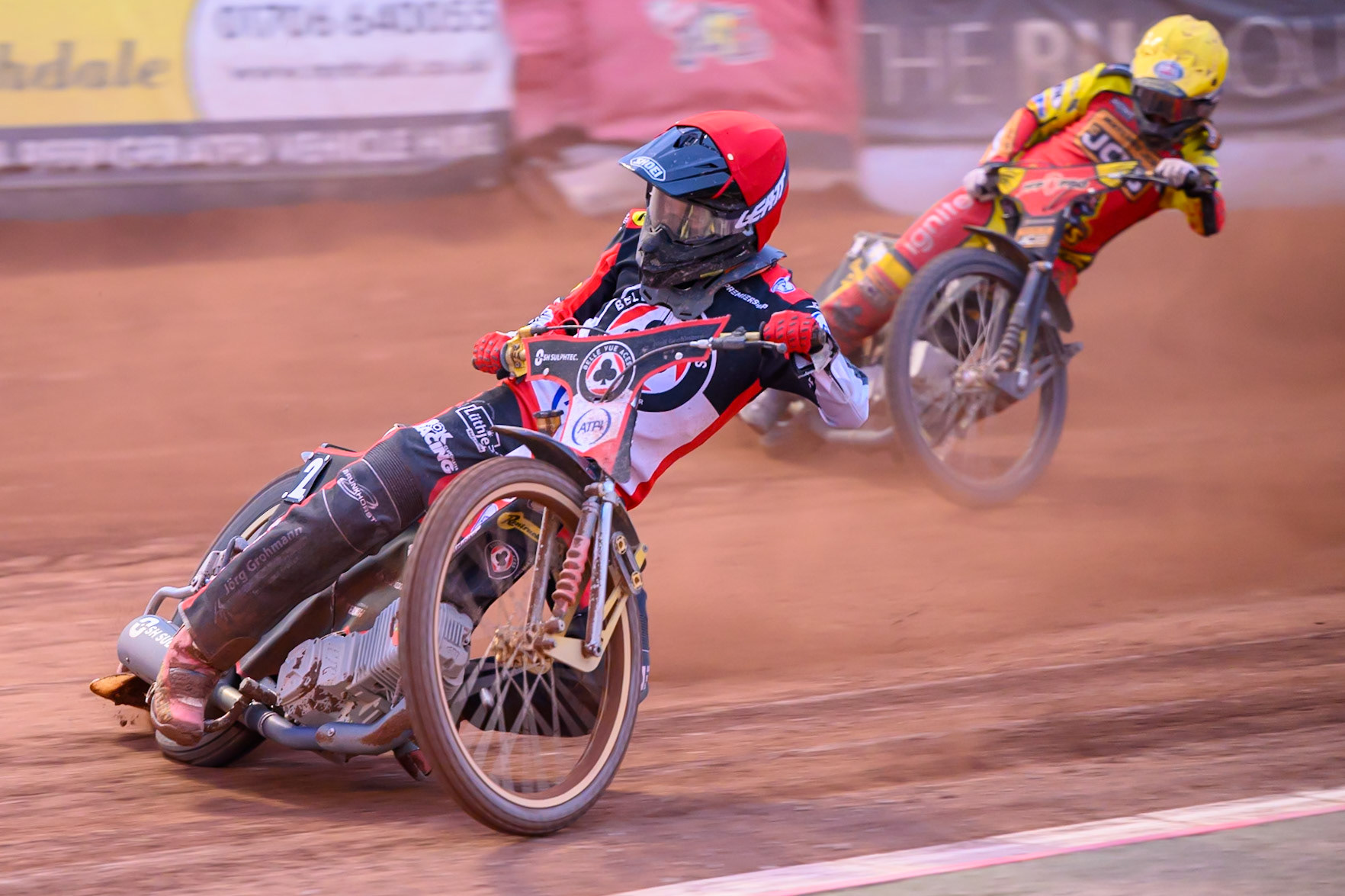 Norick Blödorn of Belle Vue Aces in Red leading Kyle Howarth of Leicester Lions in Yellow during the Rowe Motor Oil Premiership match between Belle Vue Aces and Leicester Lions at the National Speedway Stadium, Manchester on Monday 15th June 2026. (Photo: Ian Charles | MI News)