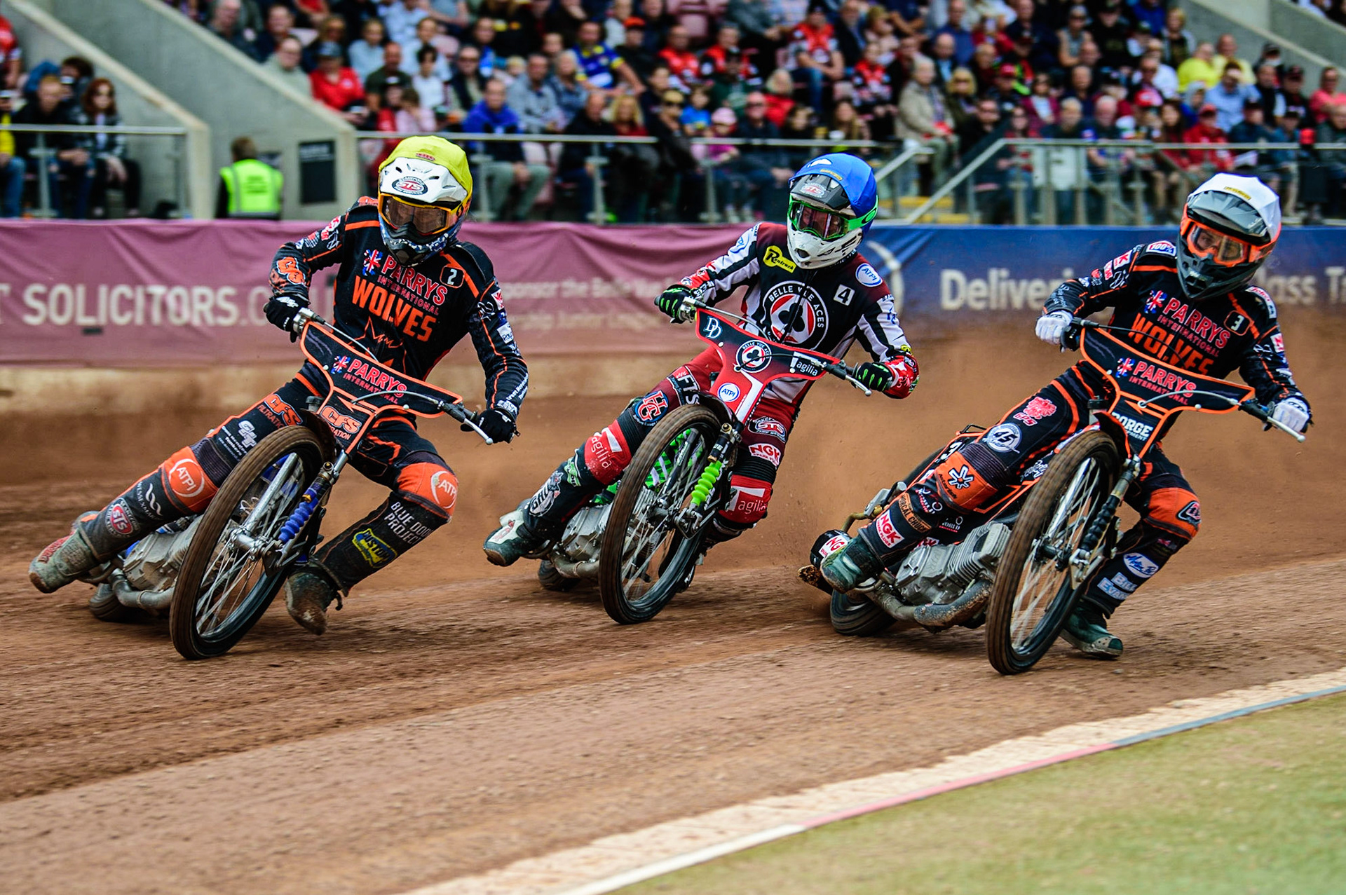 Steve Worrall  (Yellow) leads Charles Wright  (Blue) and Luke Becker  (White) during the SGB Premiership match between Belle Vue Aces and Wolverhampton Wolves at the National Speedway Stadium, Manchester on Monday 29th August 2022. (Credit: Ian Charles | MI News)