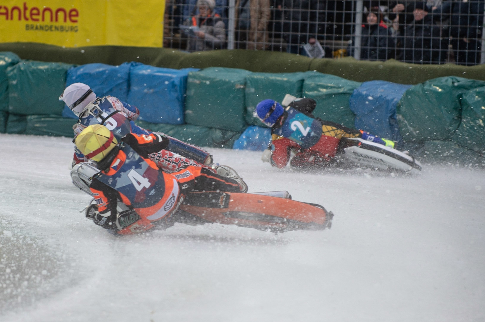 BERLIN GERMANY  - February 29  Lukas Hutla (Yellow) of The Czech Republic loses control of his machine  during theIce Speedway of Nations (Day 1) at the Horst-Dohm-Eisstadion, Berlin,  on Saturday 29 February 2020. (Credit: Ian Charles | MI News)