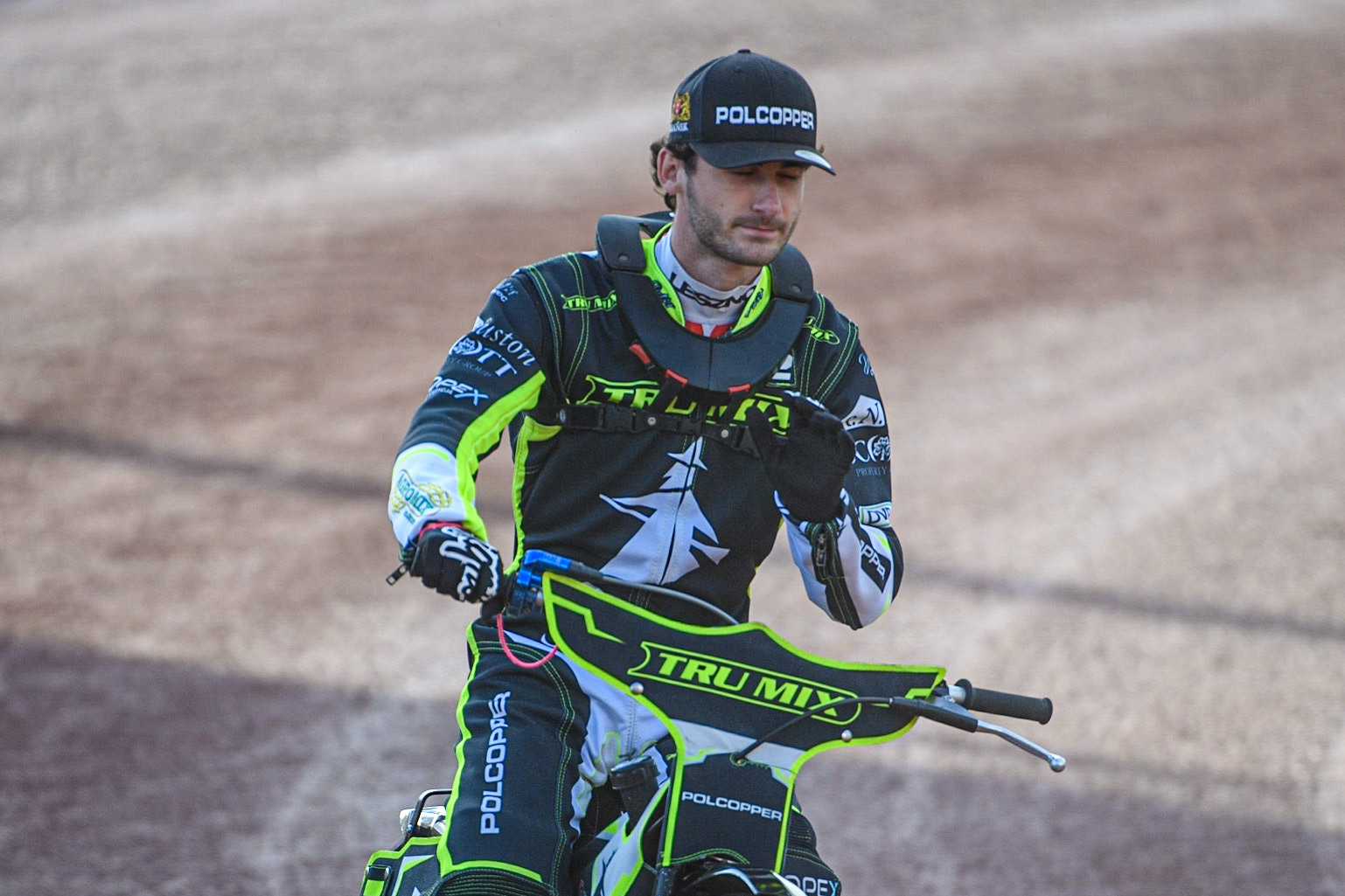 Keynan Rew on the parade lap during the Sports Insure Premiership match between Belle Vue Aces and Ipswich Witches at the National Speedway Stadium, Manchester on Monday 17th July 2023. (Photo: Ian Charles | MI News)