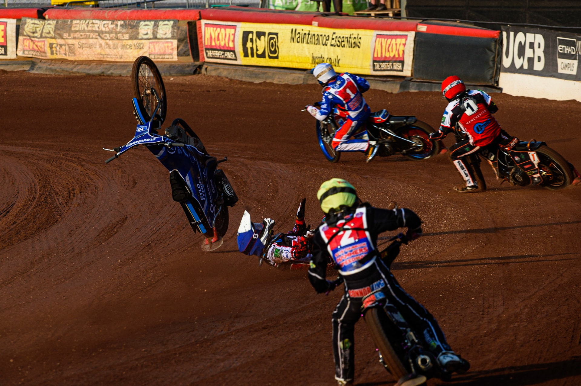 MANCHESTER, UK. JULY 23RD Harry McGurk  \loses control of his machine on the back straight during the National Development League match between Belle Vue Colts and Eastbourne Seagulls at the National Speedway Stadium, Manchester on Friday 23rd July 2021. (Credit: Ian Charles | MI News)