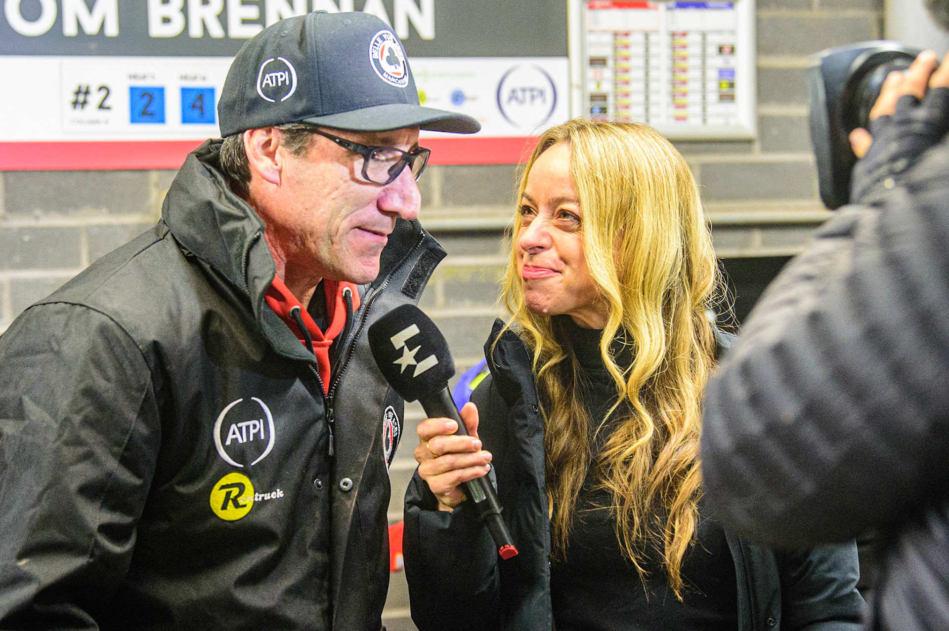 Belle Vue ATPI Aces  manager Mark Lemon (left) is interviewed by Eurosport’s Abi Stephens during the SGB Premiership Semi Final 2nd Leg between Belle Vue Aces and Ipswich Witches at the National Speedway Stadium, Manchester on Monday 3rd October 2022. (Credit: Ian Charles | MI News)