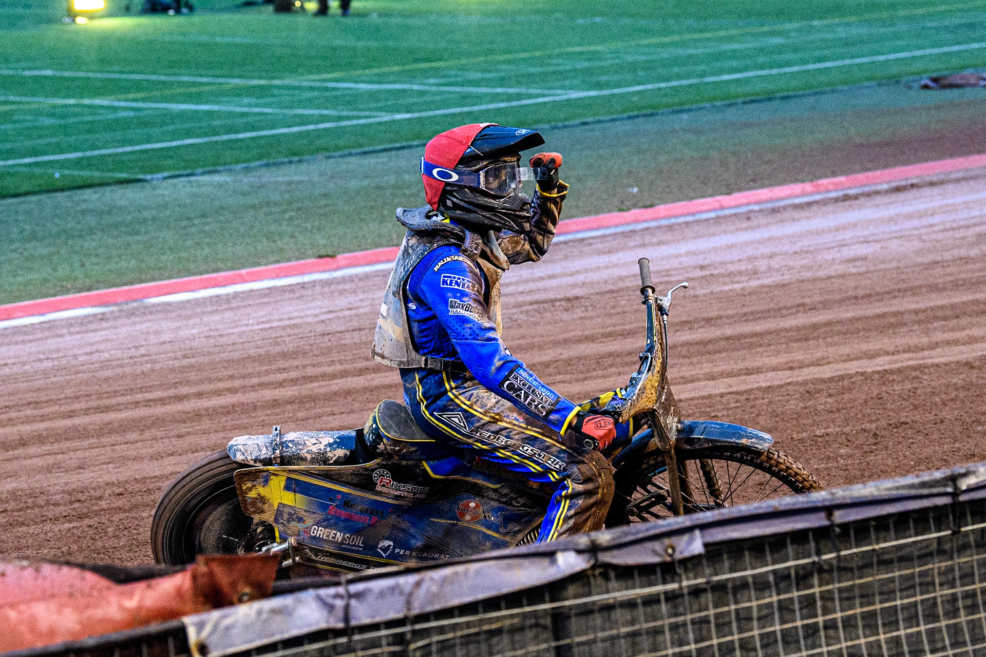Philip Hellström-Bängs of Sweden acknowledges the Swedish fans during the Monster Energy FIM Speedway of Nations 2 (Under 21) Final at the National Speedway Stadium, Manchester on Friday 12th July 2024. (Photo: Ian Charles | MI News)