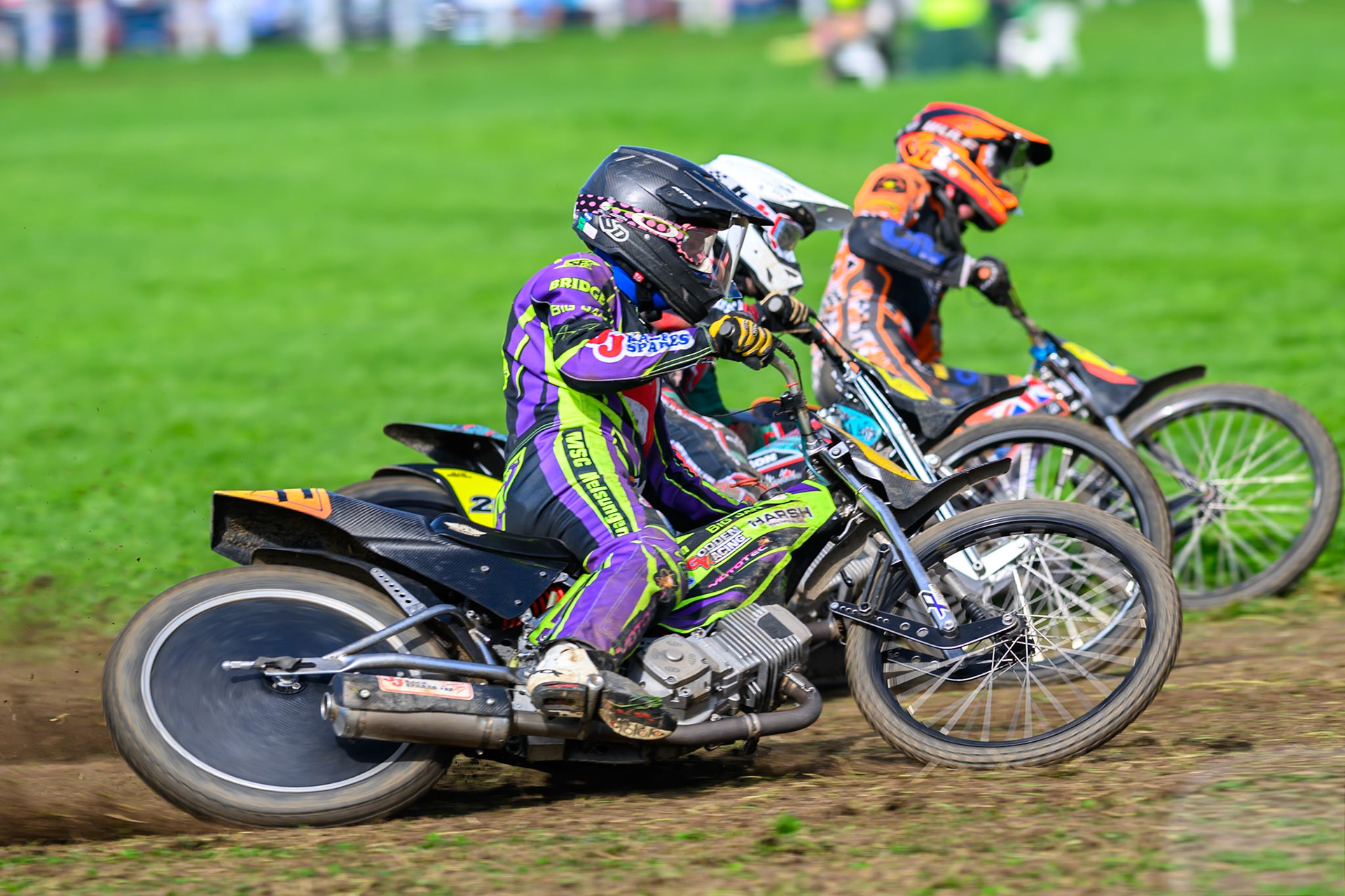 British Masters (Solos): Paul Cooper (11) rides outside Alfie Bowtell (202) and Mickie Simpson (87) during the British Masters Grasstrack Championship at Lower Marsh Farm, Much Hoole, Preston in Lancashire, England on Sunday 13th September 2026. (Photo: Ian Charles | MI News)