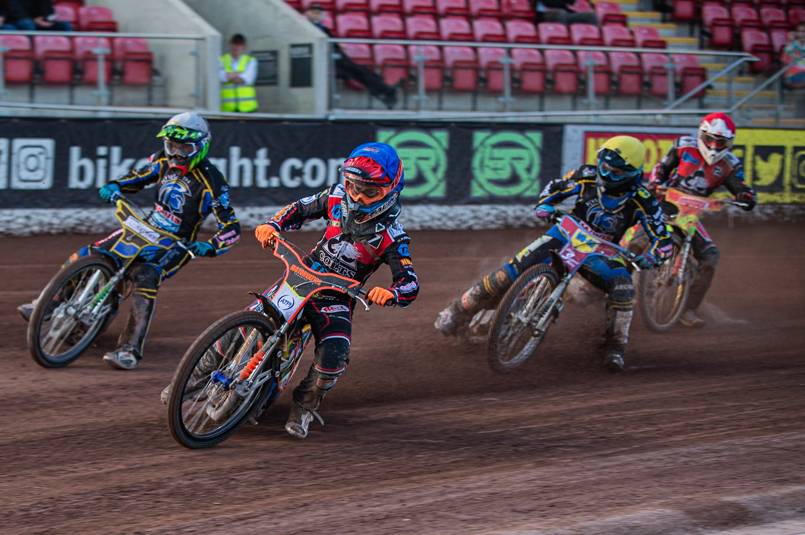 Photo: Ian Charles

Jordan Palin  (Blue) leads Adam Extance  (White), Adam Sheppard  (Yellow) and Ben Woodhull  (Red) 

Belle Vue Colts v Plymouth Gladiators National League, Belle Vue National Speedway Stadium, Manchester, Thursday 23  May  2019