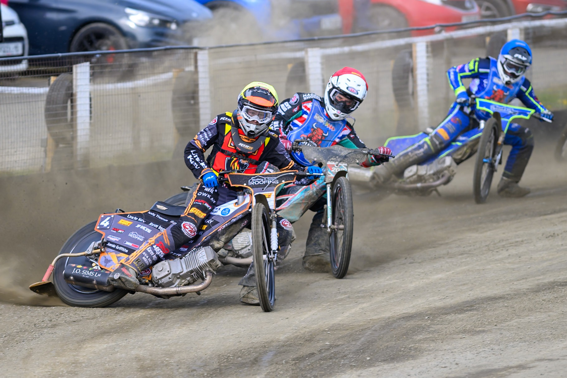 Ryan Ingram of Leicester Lion Cubs  in Yellow leading Alfie Bowtell of Buxton Bulls  in Red and Arran Butcher of Buxton Bulls  in Blue during the Challenge match between Buxton Bulls and Leicester Lion Cubs at Hi-Edge Speedway, Buxton on Sunday 26th April 2026. (Photo: Ian Charles | MI News)