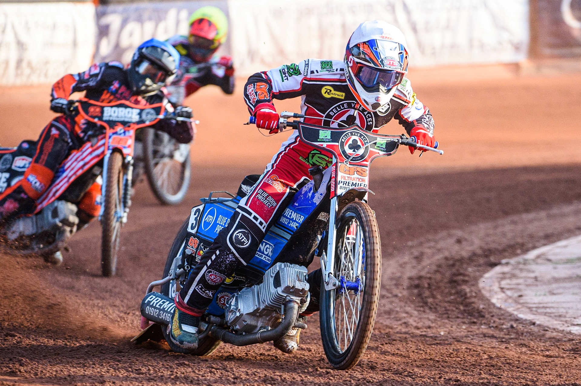 WOLVERHAMPTON, UK. JULY 26TH Steve Worrall  (White) leads Luke Becker (Blue) and Charles Wright y\during the SGB Premiership match between Wolverhampton Wolves and Belle Vue Aces at the Ladbroke Stadium, Wolverhampton on Monday 26th July 2021. (Credit: Ian Charles | MI News)