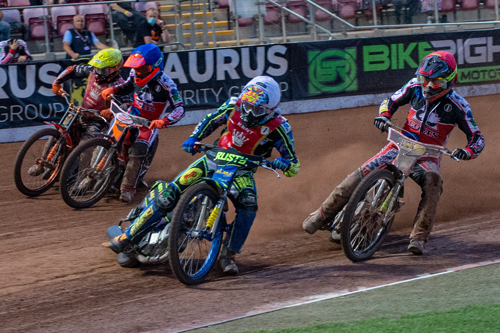 MANCHESTER, UK. JULY 2ND  Ryan Kinsley  (White) leads Jack Parkinson-Blackburn  (Red), Connor Coles  (Blue) and Alex Spooner (Yellow) during the National Development League match between Belle Vue Colts and Kent Royals at the National Speedway Stadium, Manchester on Friday 2nd July 2021. (Credit: Ian Charles | MI News)
