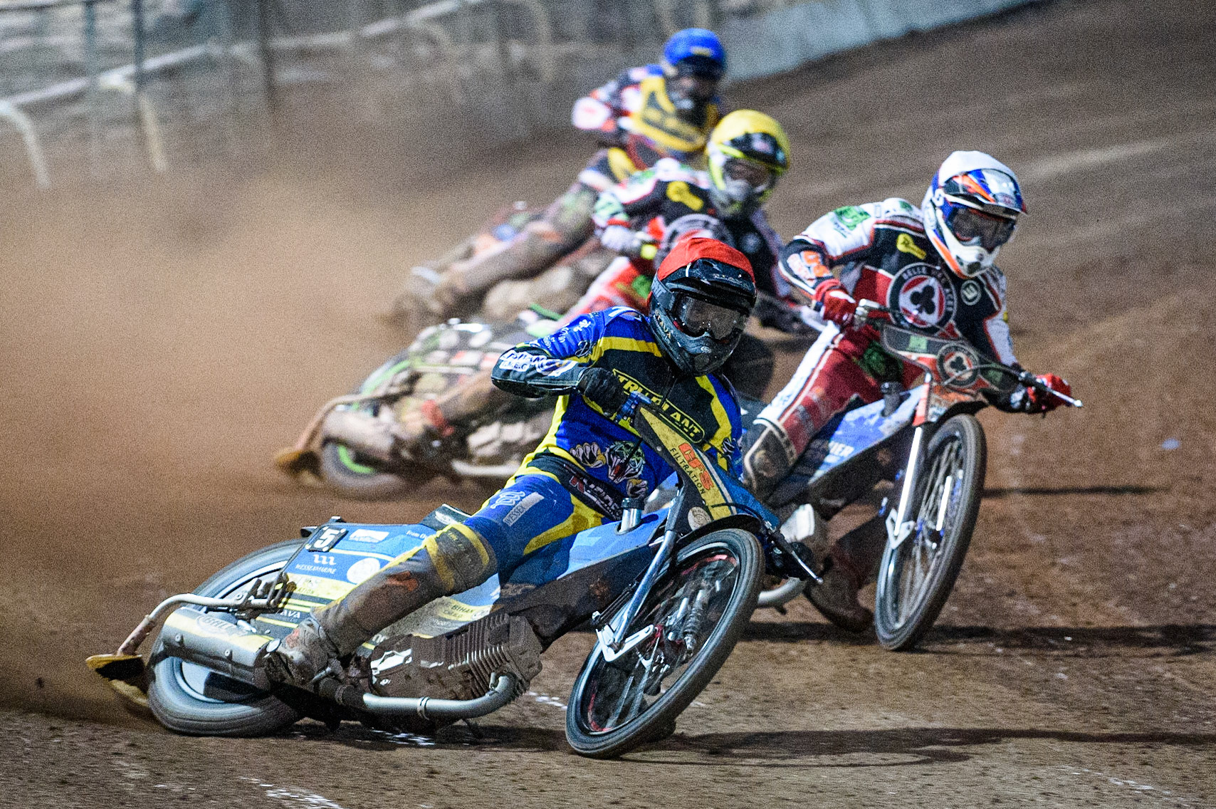SHEFFIELD, UK. AUG 2NDAdam Ellis   (Red) leads Steve Worrall  (White) Charles Wright  (Yellow) and Nathan Greaves  (Blue) during the SGB Premiership match between Sheffield Tigers and Belle Vue Aces at Owlerton Stadium, Sheffield on Thursday 2nd September 2021. (Credit: Ian Charles | MI News)