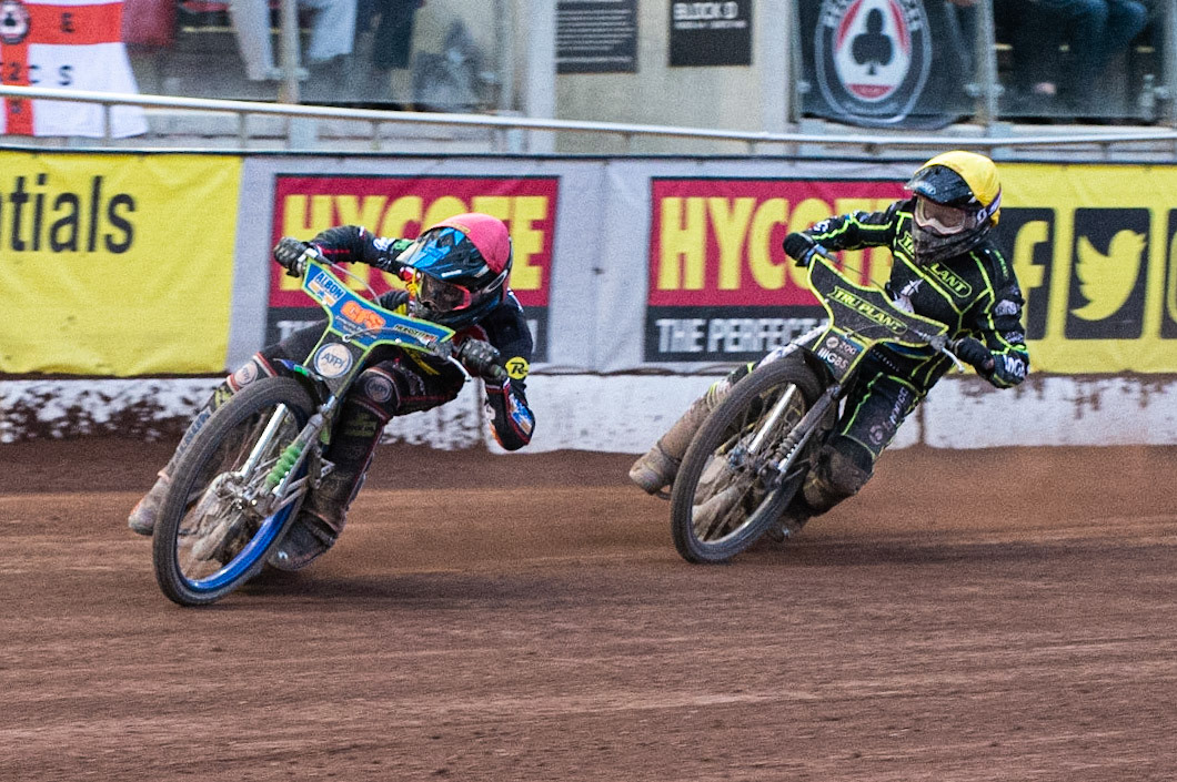 Photo: Ian Charles

Dan Bewley  (Red) leads Cameron Heeps  (Yellow)

Belle Vue Aces v Ipswich Witches, British Speedway Premiership, Belle Vue National Speedway Stadium, Manchester, Monday 3  June  2019