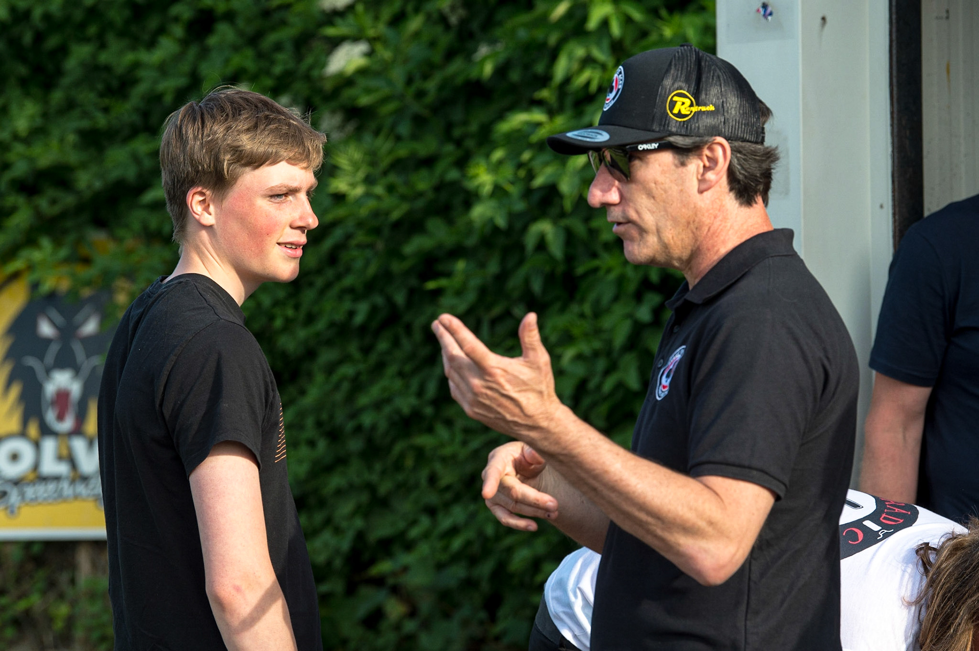 WOLVERHAMPTON, UK. JUN 20TH  Mark Lemon  (right) chats with Norick Blödorn during the SGB Premiership match between Wolverhampton Wolves and Belle Vue Aces at Monmore Green Stadium, Wolverhampton on Monday 20th June 2022. (Credit: Ian Charles | MI News)